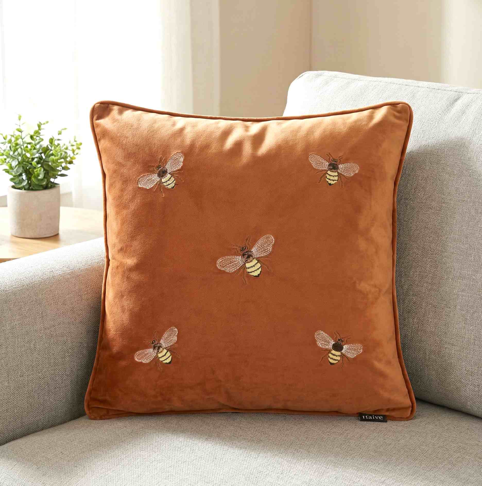 Home And Haven Orange Velvet Bee Embroidered Cushion Cover with Contrast Piping