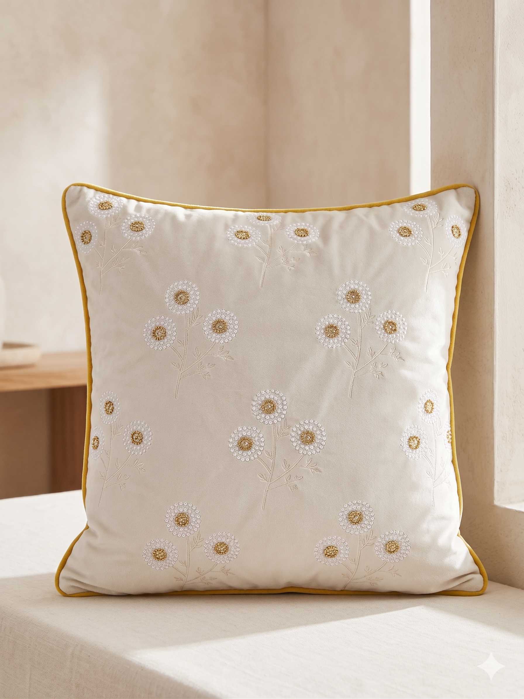 Daisy Floral Embroidered With Beads Cushion Cover