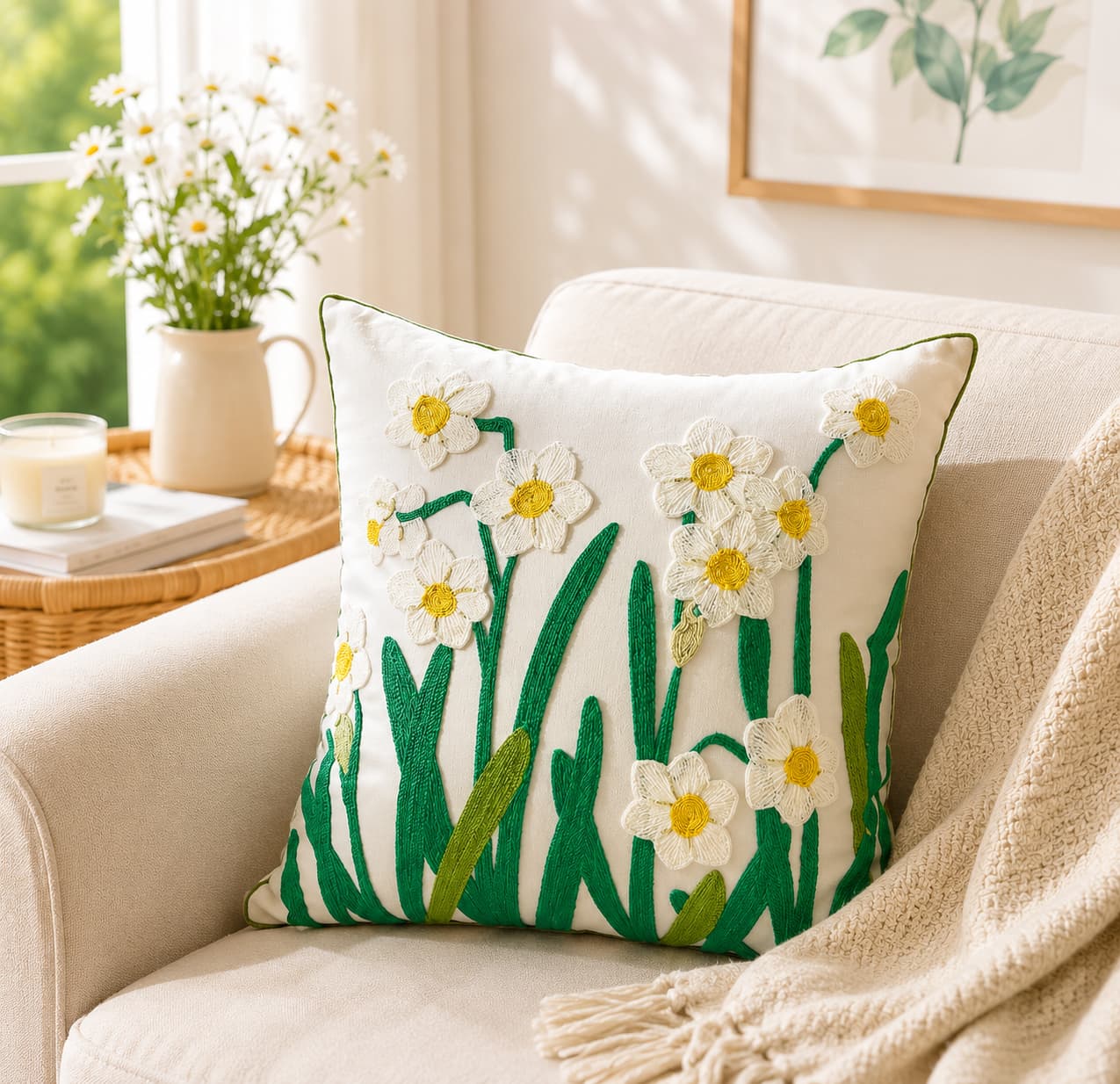 Cream throw pillow featuring white embroidered daisies with yellow centers and green stems, styled on a beige sofa with a cream throw blanket in a bright sunlit living room.