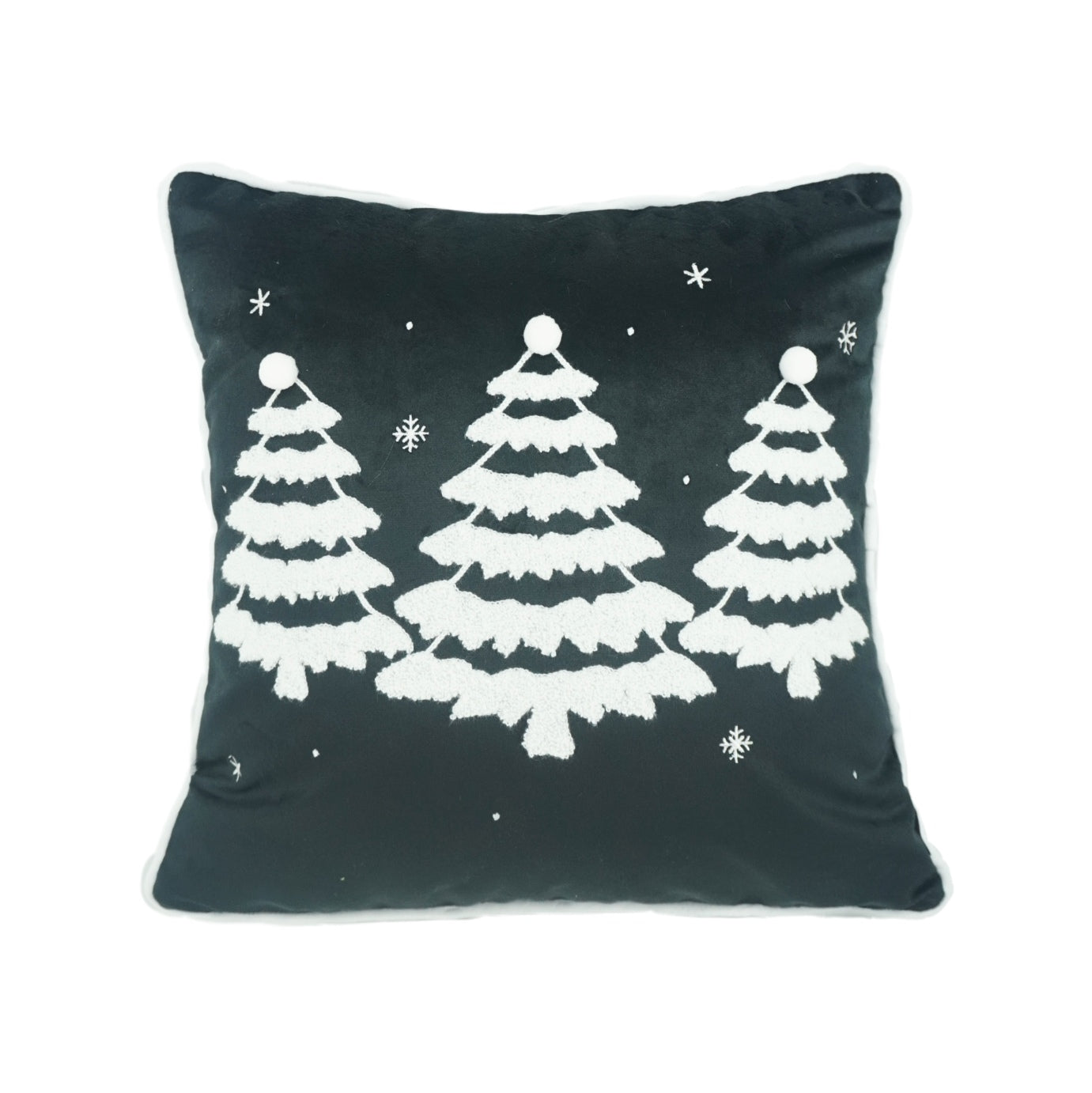 Decorative pillow with white Christmas tree design on a black background