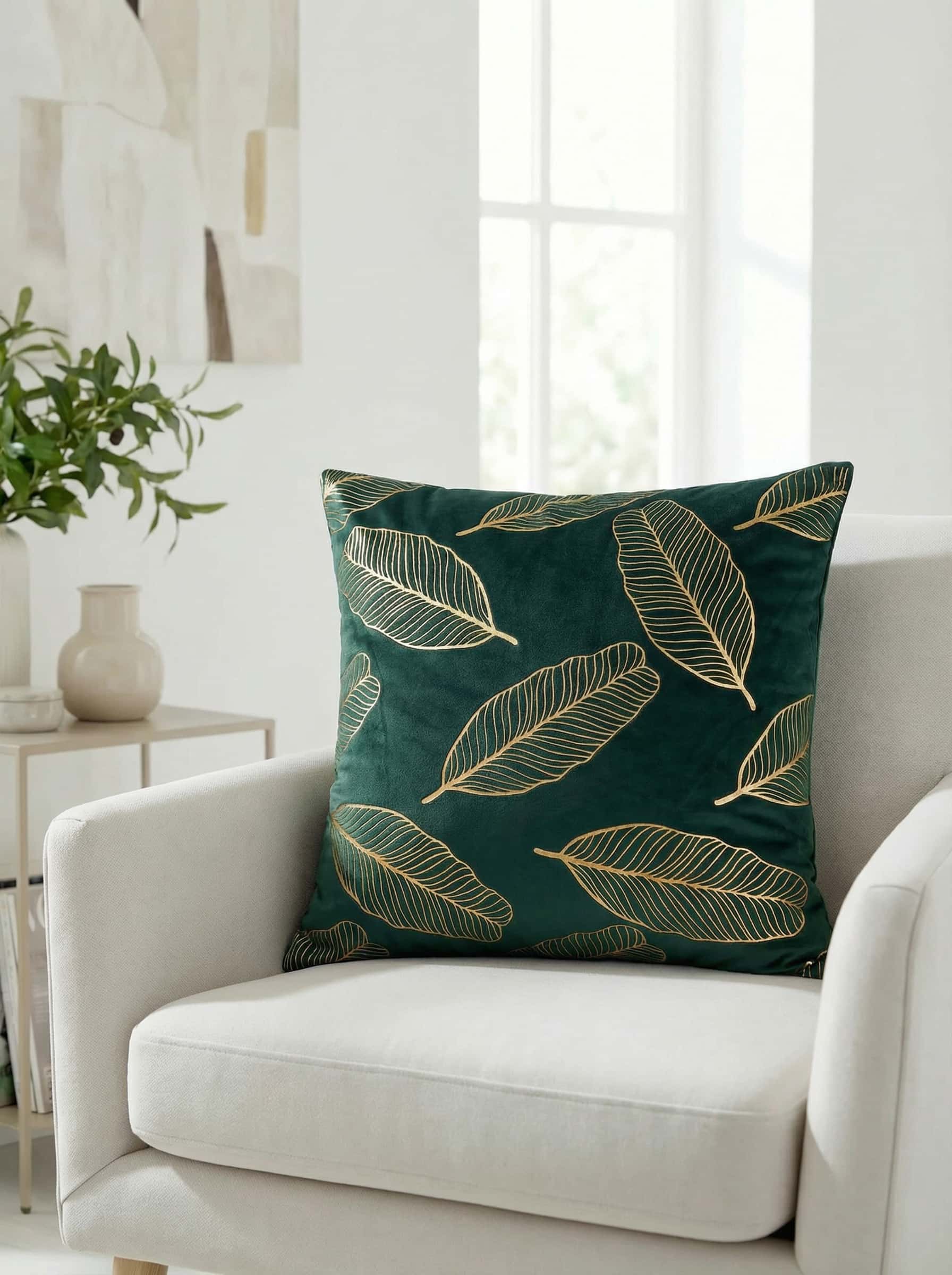 Dark emerald green velvet throw pillow with elegant gold metallic leaf foil print, styled on a white modern armchair with a green potted plant in the background.