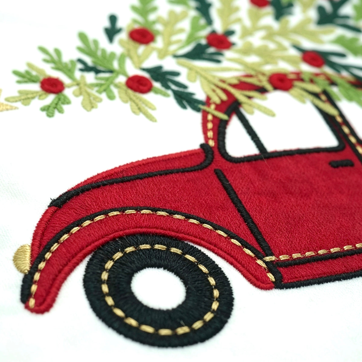 Christmas Embroidered Cushion Cover – Red Vintage Car & Tree