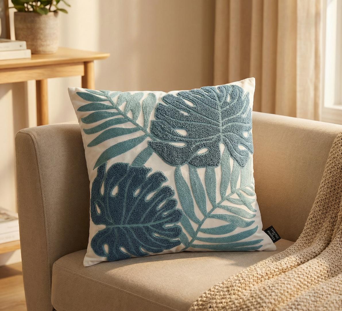 Tropical Leaf Embroidered Cushion Cover | Textured Blue Palm Throw Pillow | Modern Home Decor Accent