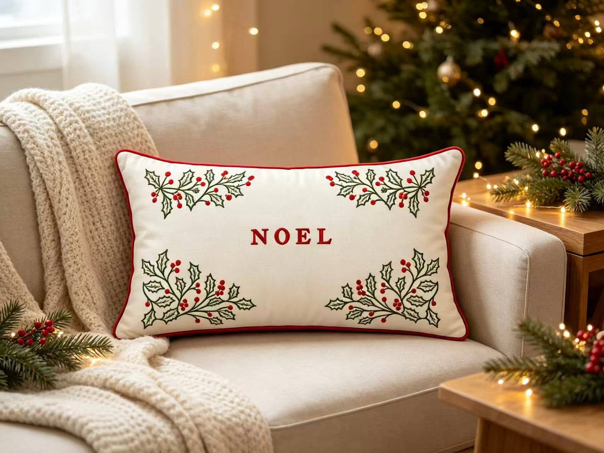 Noel Christmas Lumbar Pillow Cover | Holly Berry Embroidered Rectangular Cushion Cover