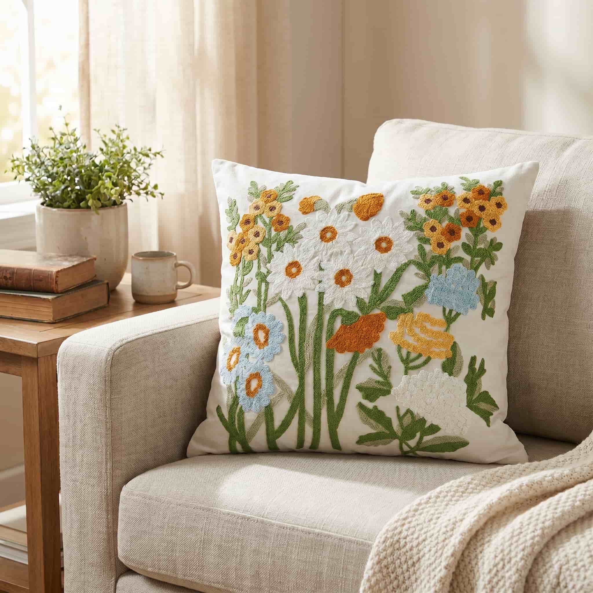 Cream square throw pillow with colorful embroidered flowers and leaves, styled on a beige armchair with a blanket in a bright, cozy living room with natural light.