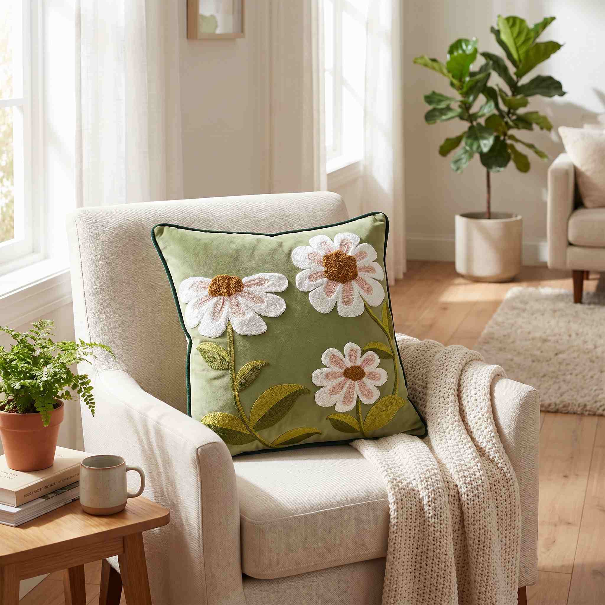 Decorative pillow with floral design on a chair in a bright living room.