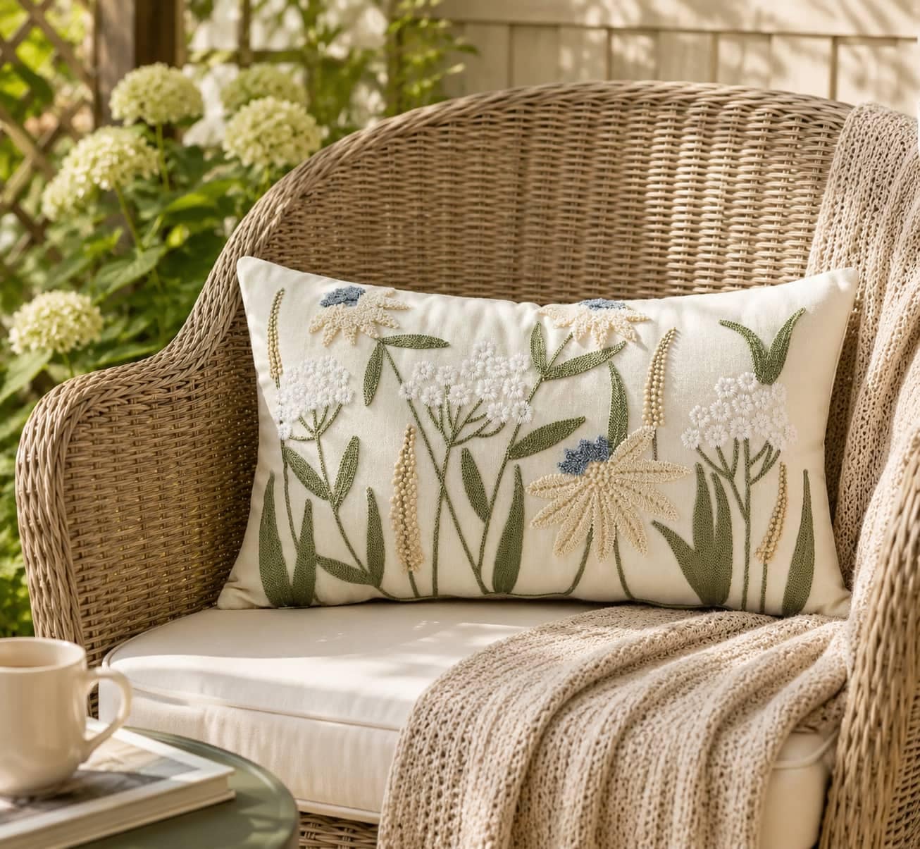 A rectangular embroidered throw pillow with a floral and wheat design in green, beige, and blue, resting on a wicker outdoor chair with a cream cushion and a knitted blanket.