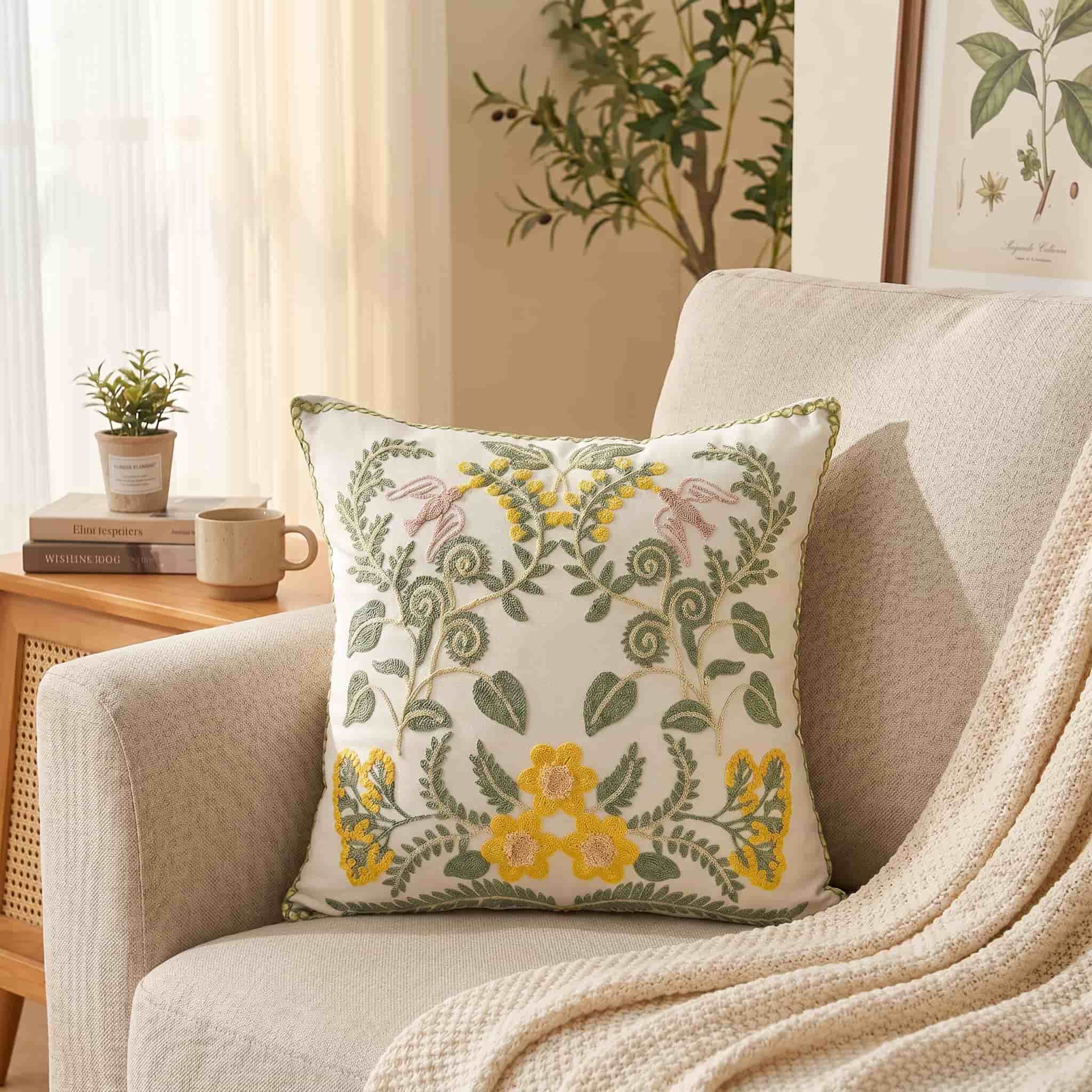 Cream throw pillow featuring symmetrical green vine, yellow flower, and pink bird embroidery with green piped edging, styled on a cozy beige sofa in a sunny room.