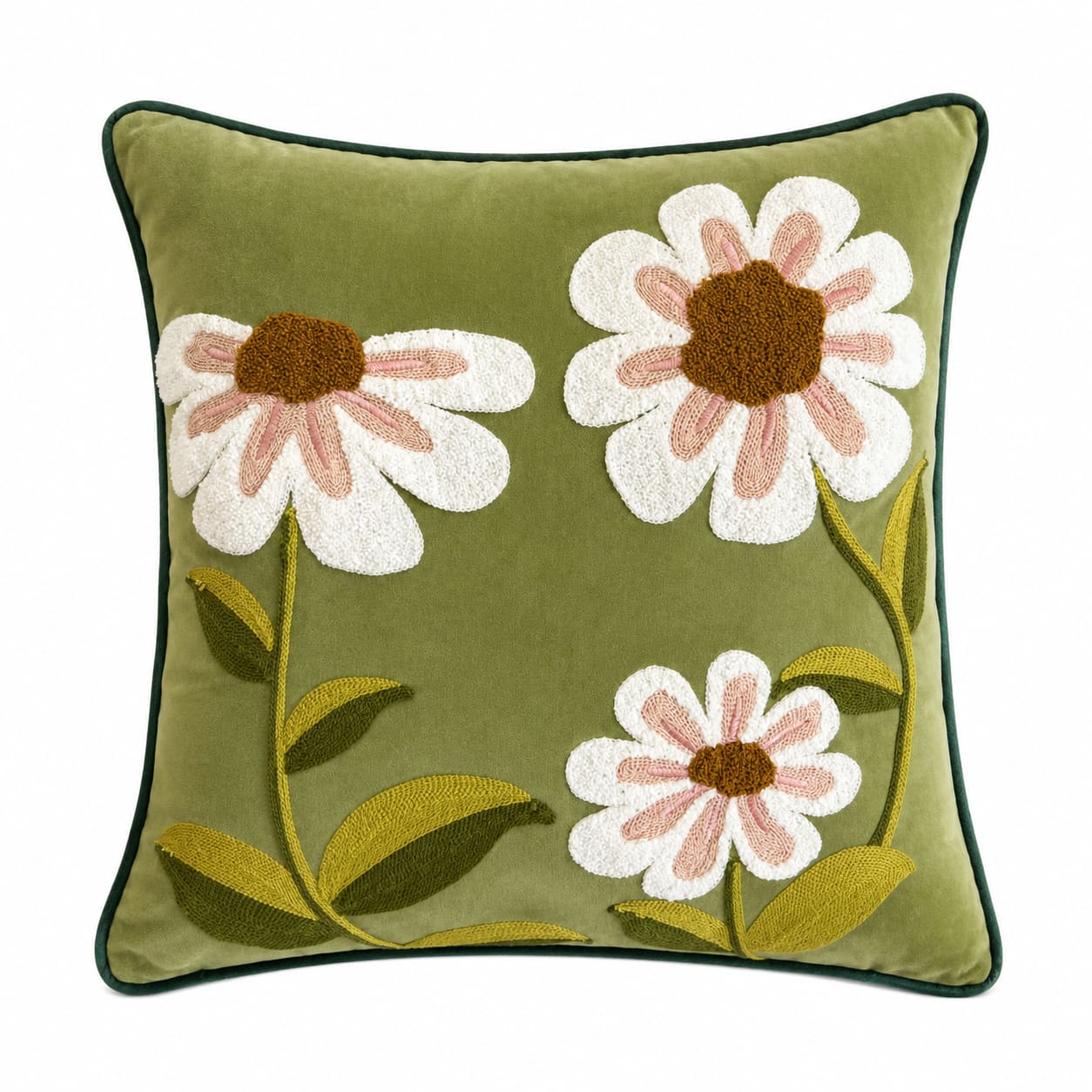 An olive green velvet throw pillow featuring hand-embroidered daisy flowers with white petals, pink centers, and brown flower middles, accented by olive green leaves and stems.