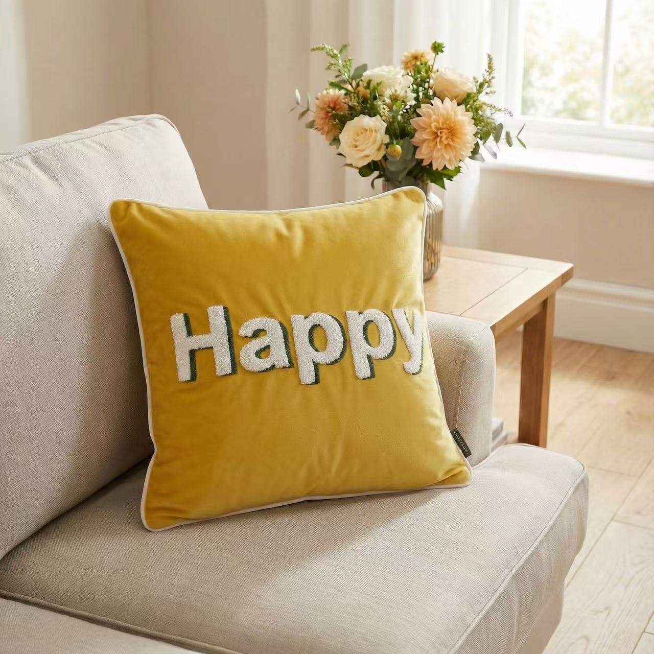 Home & Haven Happy Text Embroidered Velvet Cushion Cover | Multicolor Throw Pillow