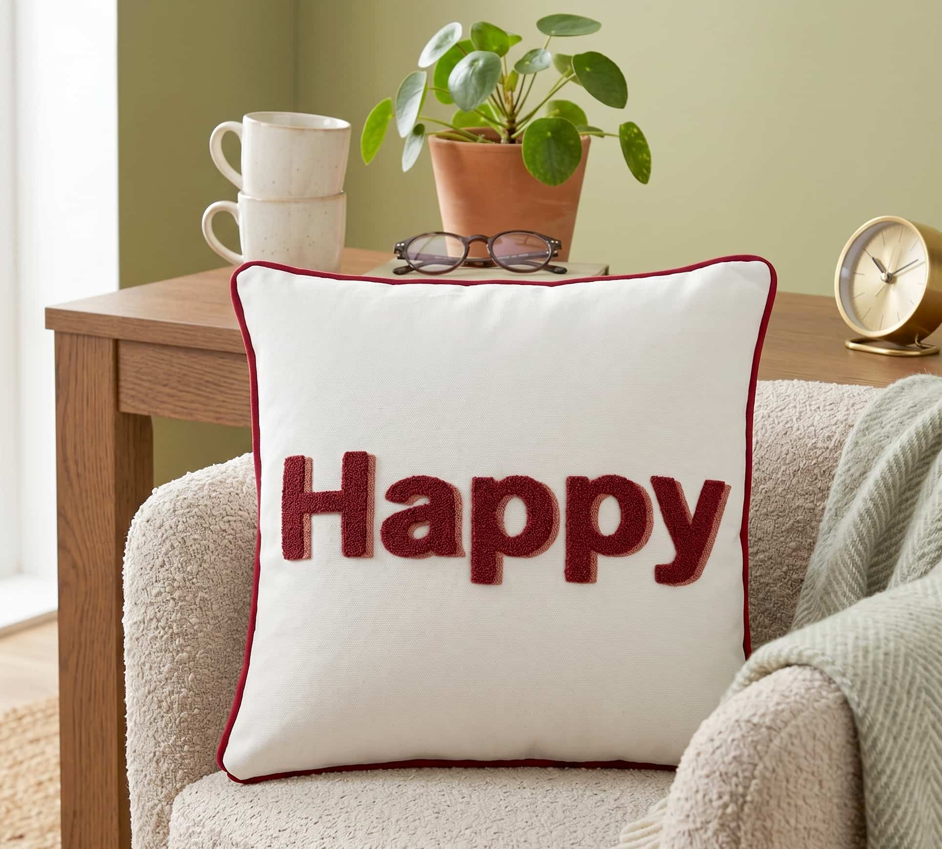 Home & Haven Happy Text Embroidered Velvet Cushion Cover | Multicolor Throw Pillow