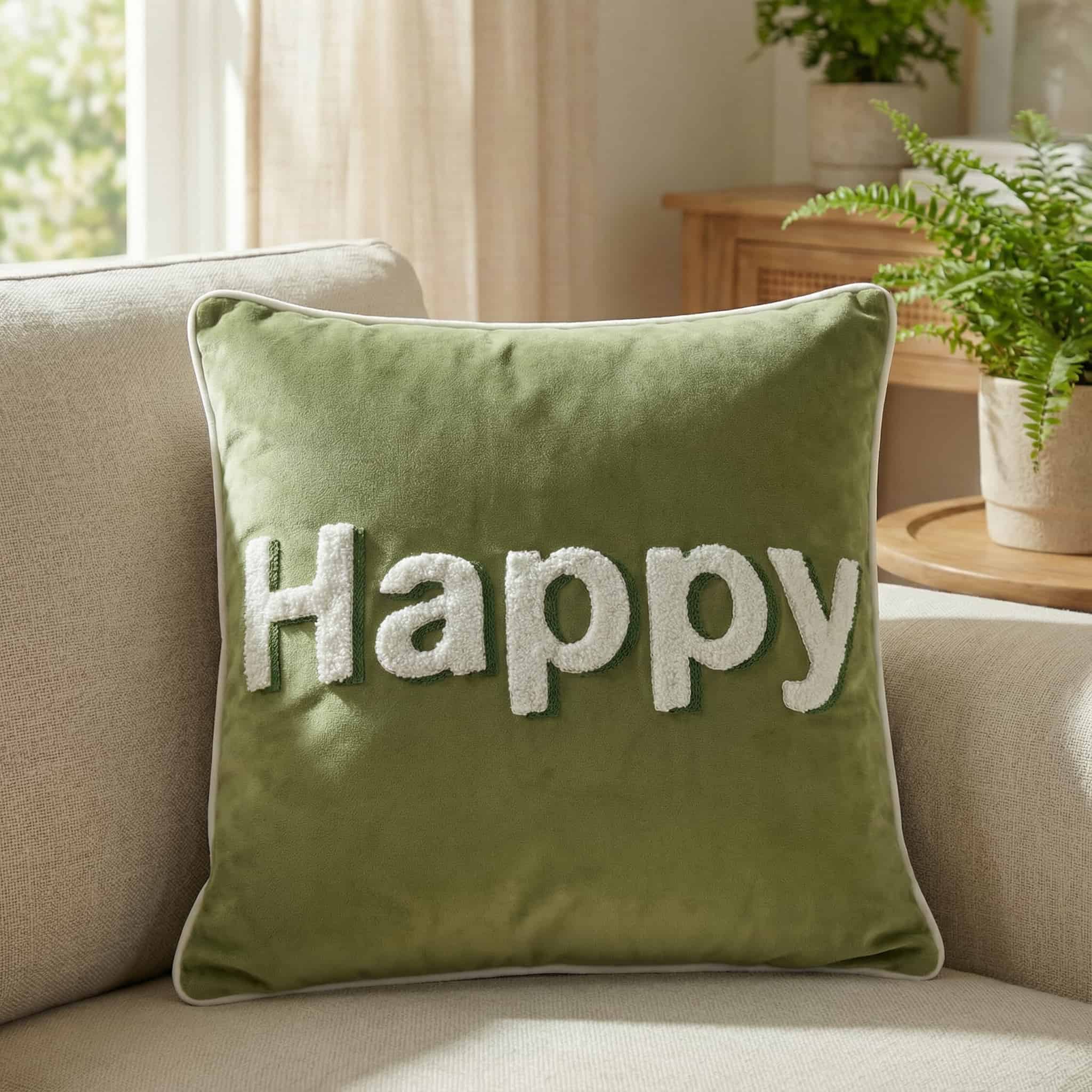 Home & Haven Happy Text Embroidered Velvet Cushion Cover | Multicolor Throw Pillow