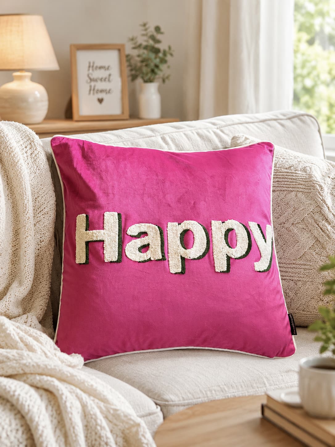 Home & Haven Happy Text Embroidered Velvet Cushion Cover | Multicolor Throw Pillow
