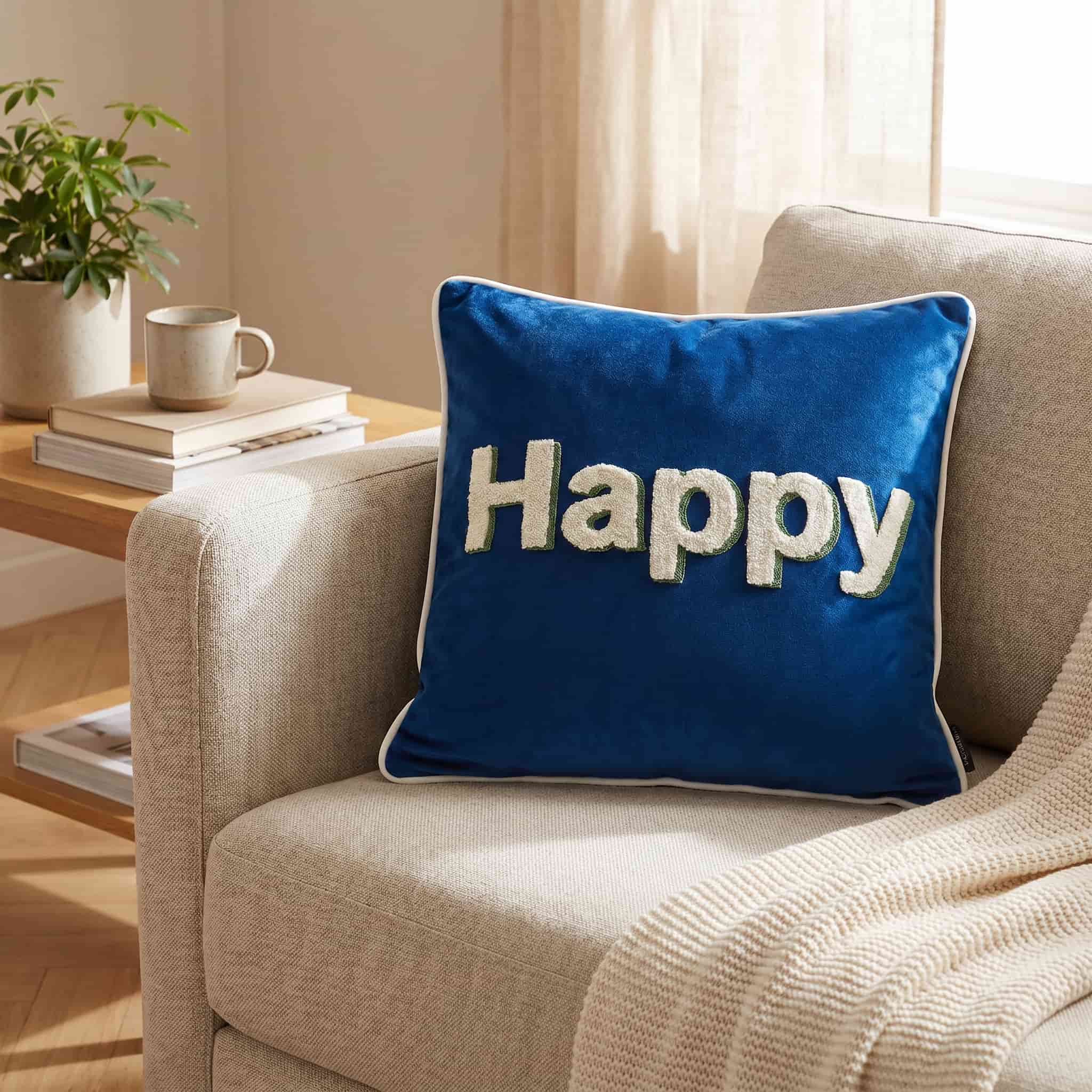 Home & Haven Happy Text Embroidered Velvet Cushion Cover | Multicolor Throw Pillow