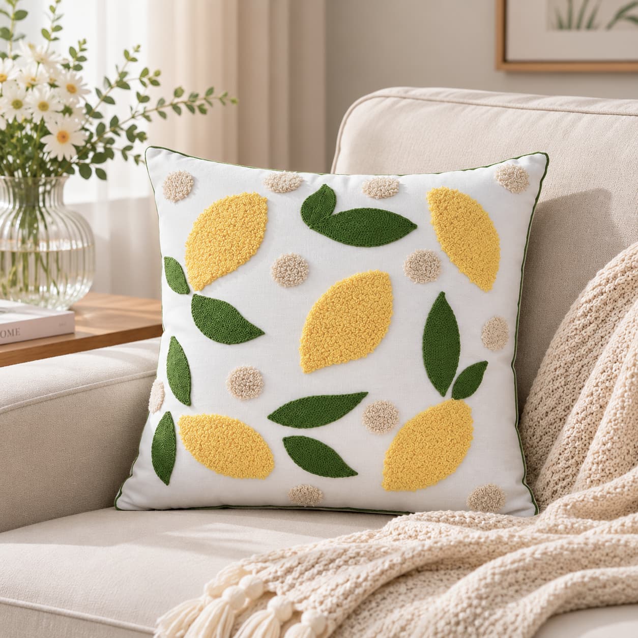 Cream throw pillow with yellow tufted lemons, green leaves, and beige pom-poms, placed on a light beige sofa next to a glass vase of white daisies and a knitted throw blanket.