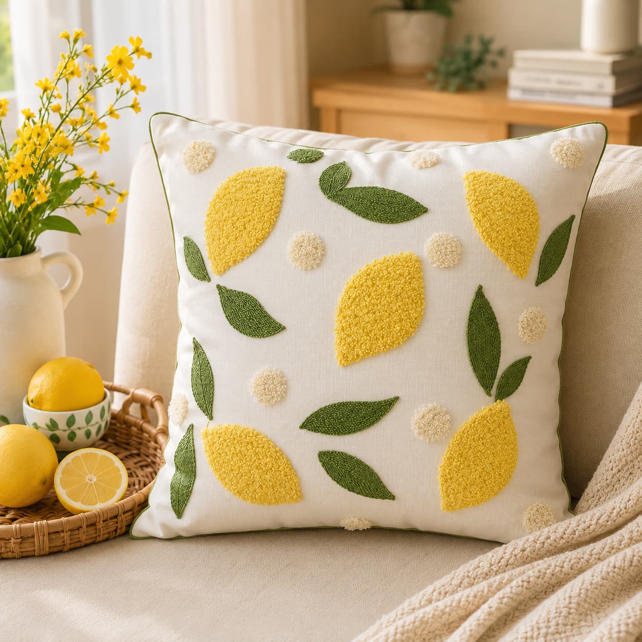 Cream throw pillow with yellow tufted lemons, green embroidered leaves, and cream pom-poms, styled on a beige sofa next to a woven basket with fresh lemons and yellow flowers.