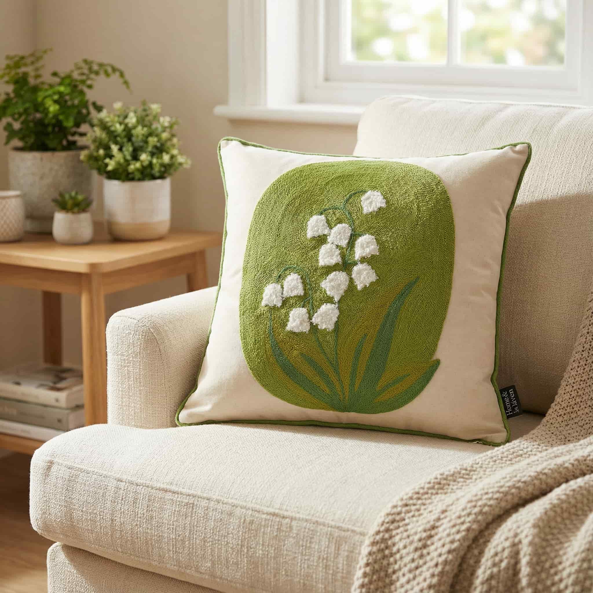 Cream throw pillow with white textured lily of the valley embroidery on a green stitched background, styled on a beige sofa next to a wooden table with potted plants.