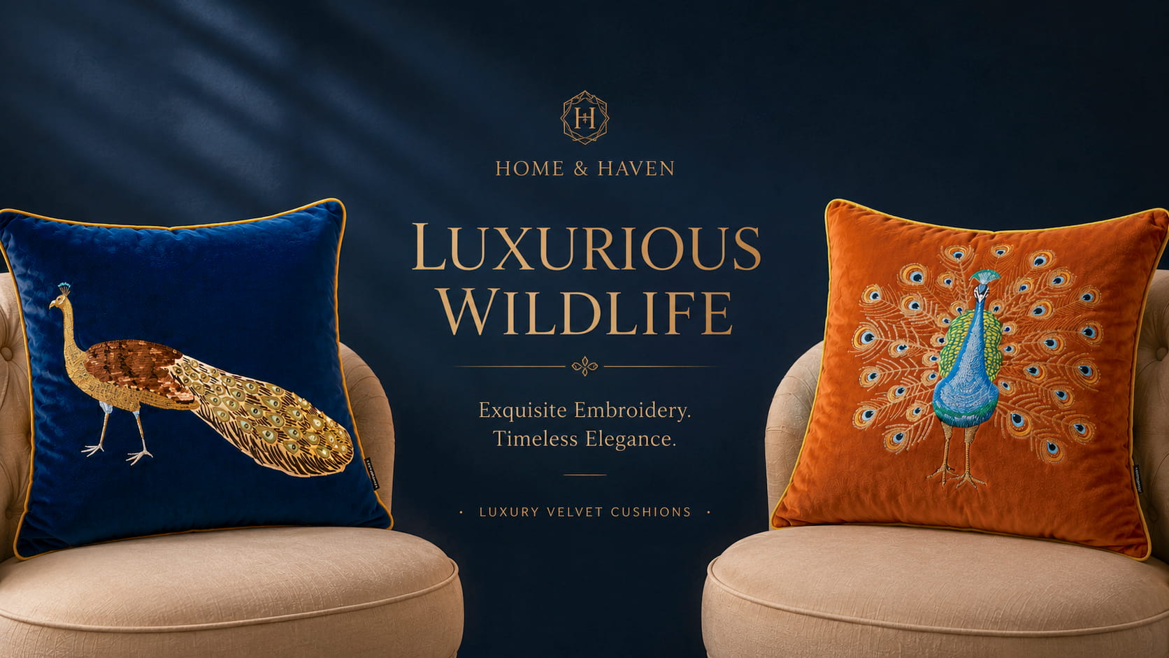 Two decorative velvet cushion covers throw pillows displayed on beige armchairs against a dark navy background. The left pillow is deep blue with an embroidered peacock in gold, brown, and blue.