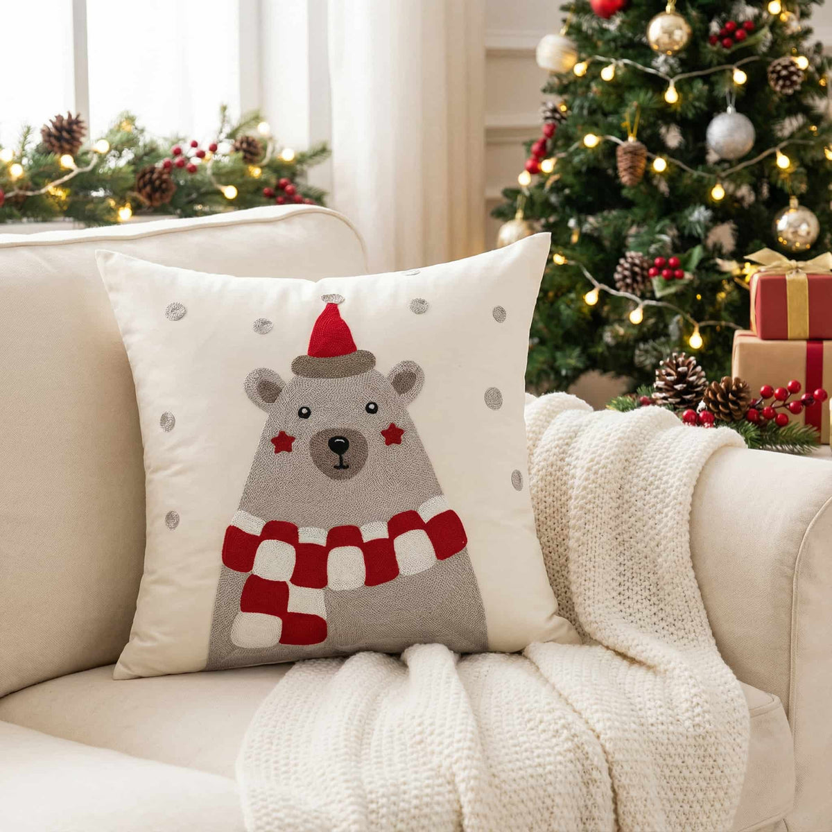 45x45cm embroidered Christmas bear velvet cushion cover in cream grey and red