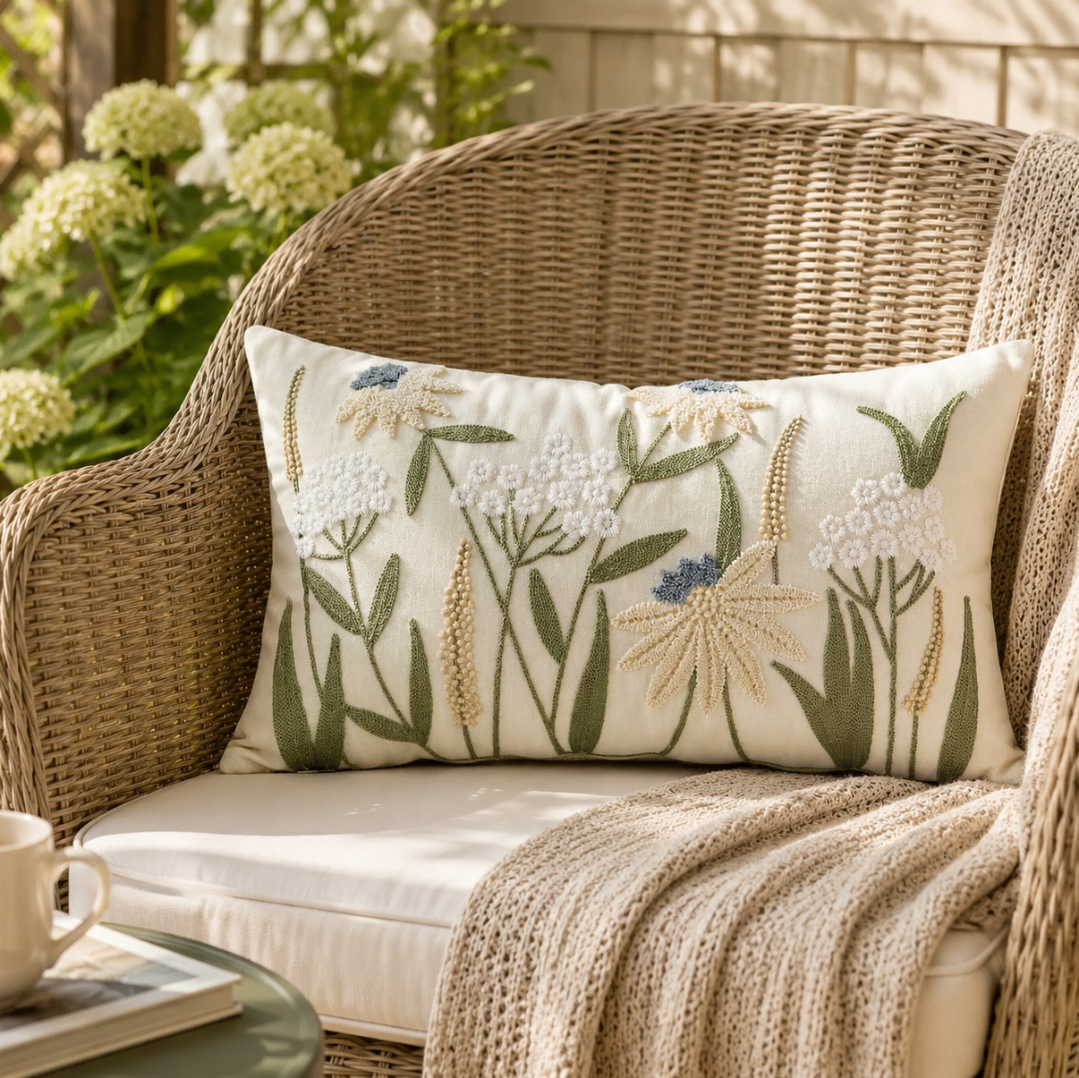 Meadow embroidered cushion cover styled in cottage living room