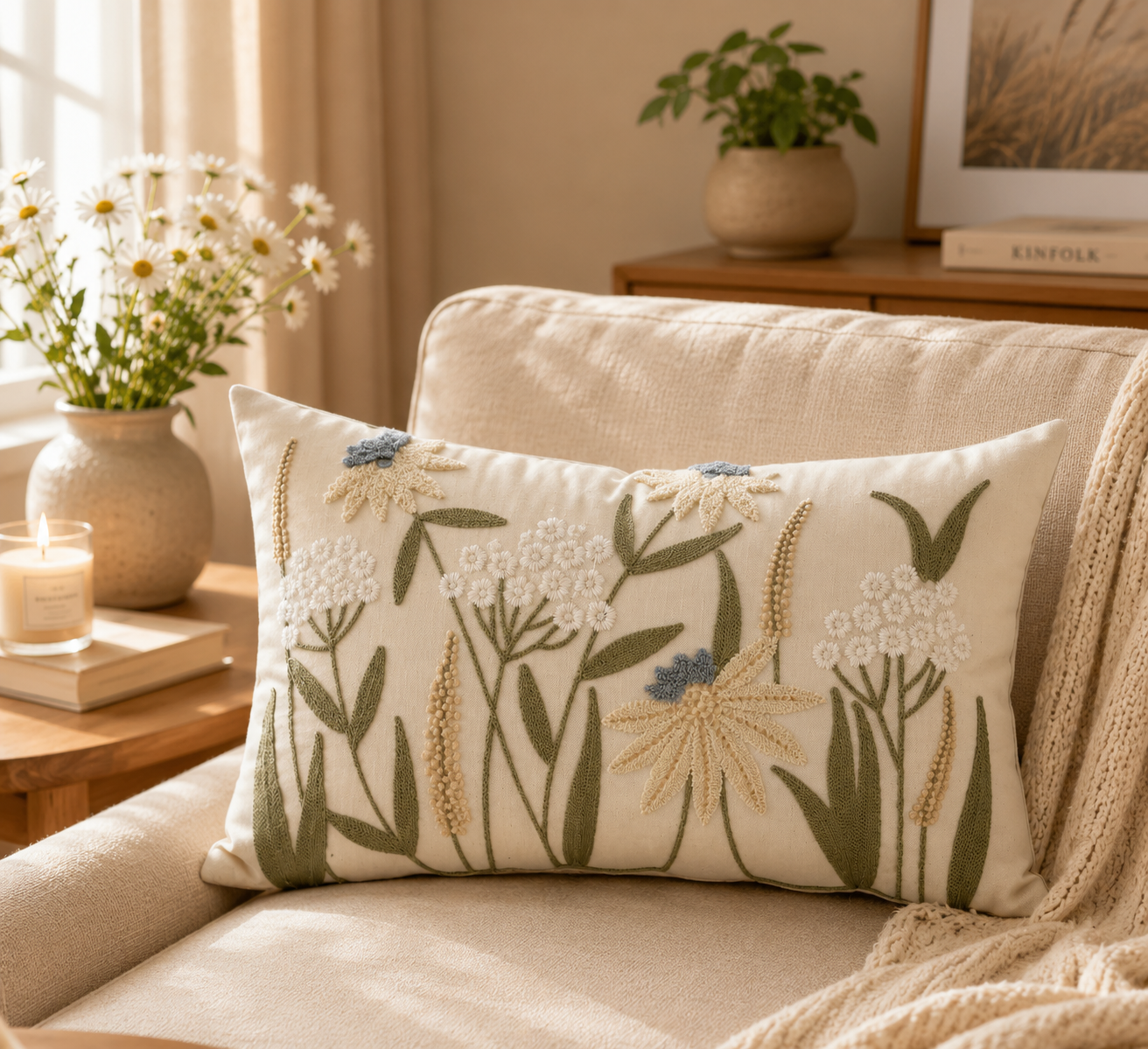 Meadow embroidered cushion cover with botanical wildflower design