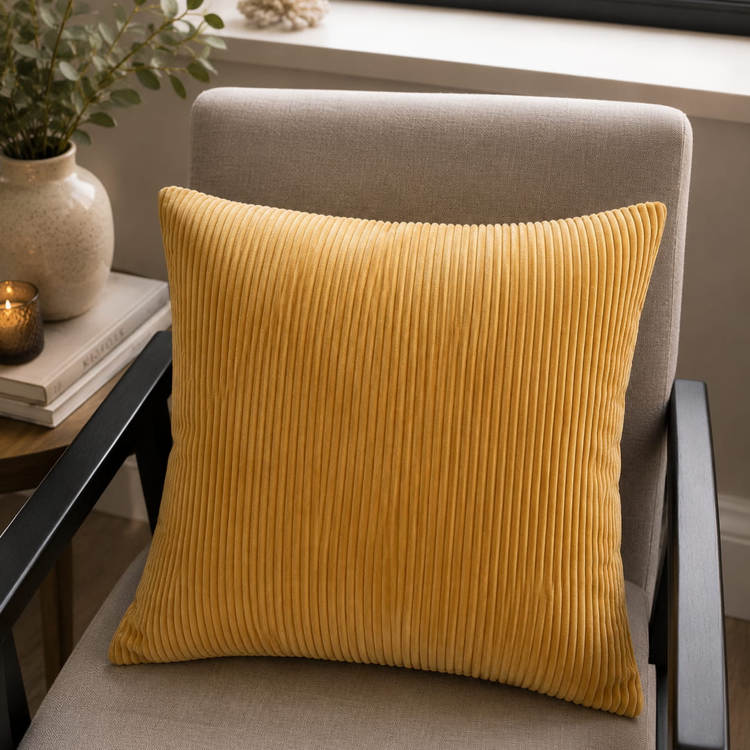 Soft mustard yellow ribbed corduroy throw pillow, placed on a grey armchair with black wooden legs, next to a table with books and a small candle.