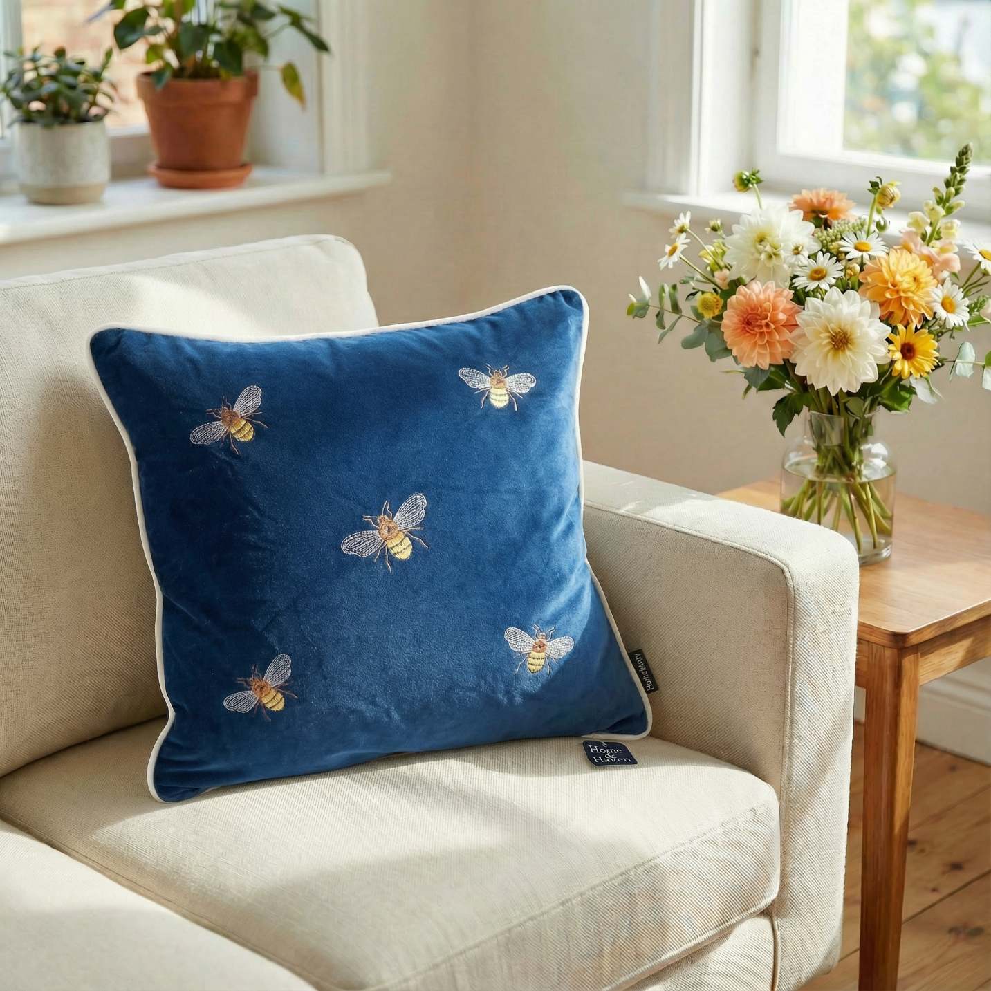 Navy pillow with bee designs on a beige sofa in a room with a vase of flowers.