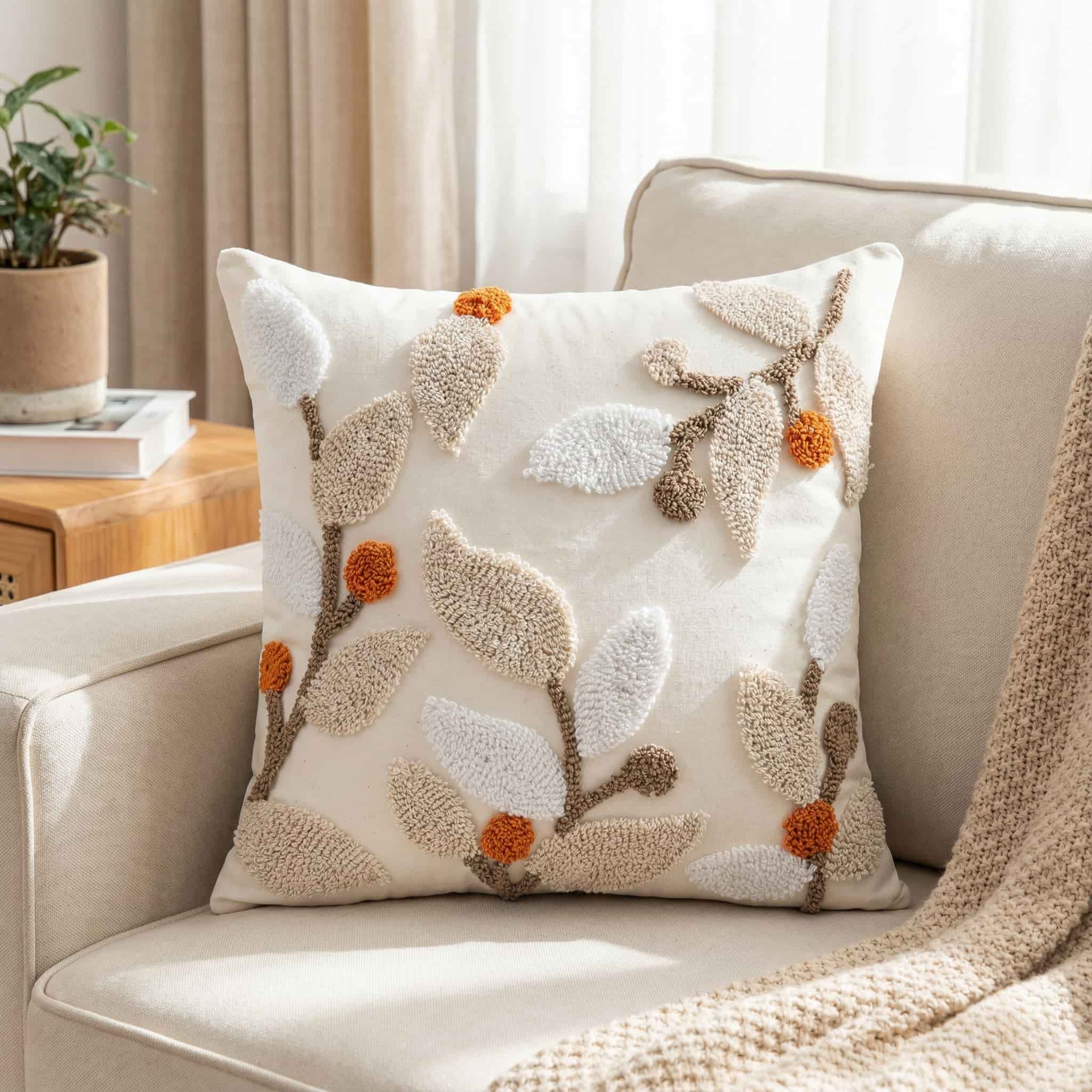 Cream throw pillow with raised tufted leaves in beige and white, accented with rust orange berries, styled on a comfortable beige sofa in a bright, cozy living room.