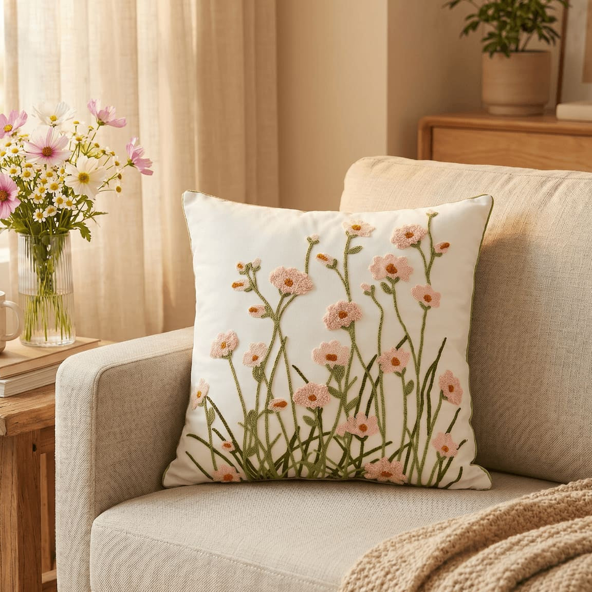 Pink botanical embroidered cushion cover on beige sofa in cottage style living room