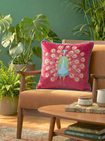 Pink Peacock Embroidered Velvet Cushion Cover on a wooden armchair