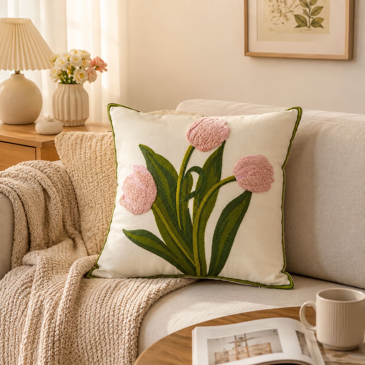 Cream throw pillow with pink textured tulip embroidery and green piped edging, styled on a beige sofa with a knitted blanket and mug in a cozy sunlit living room.