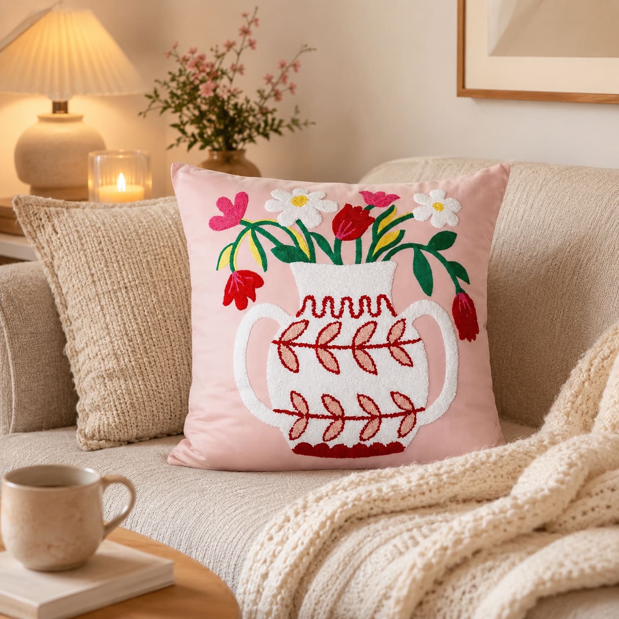 Soft pink throw pillow with a large white embroidered vase filled with red, pink, and white flowers, placed on a cozy beige sofa with a knitted blanket and a warm lamp in the background.