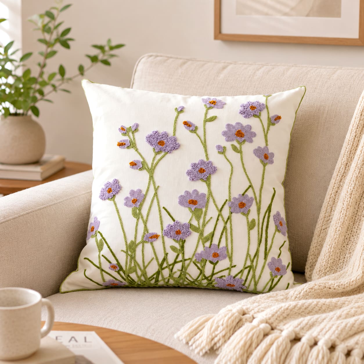 Purple botanical embroidered cushion cover on beige sofa in cottage living room