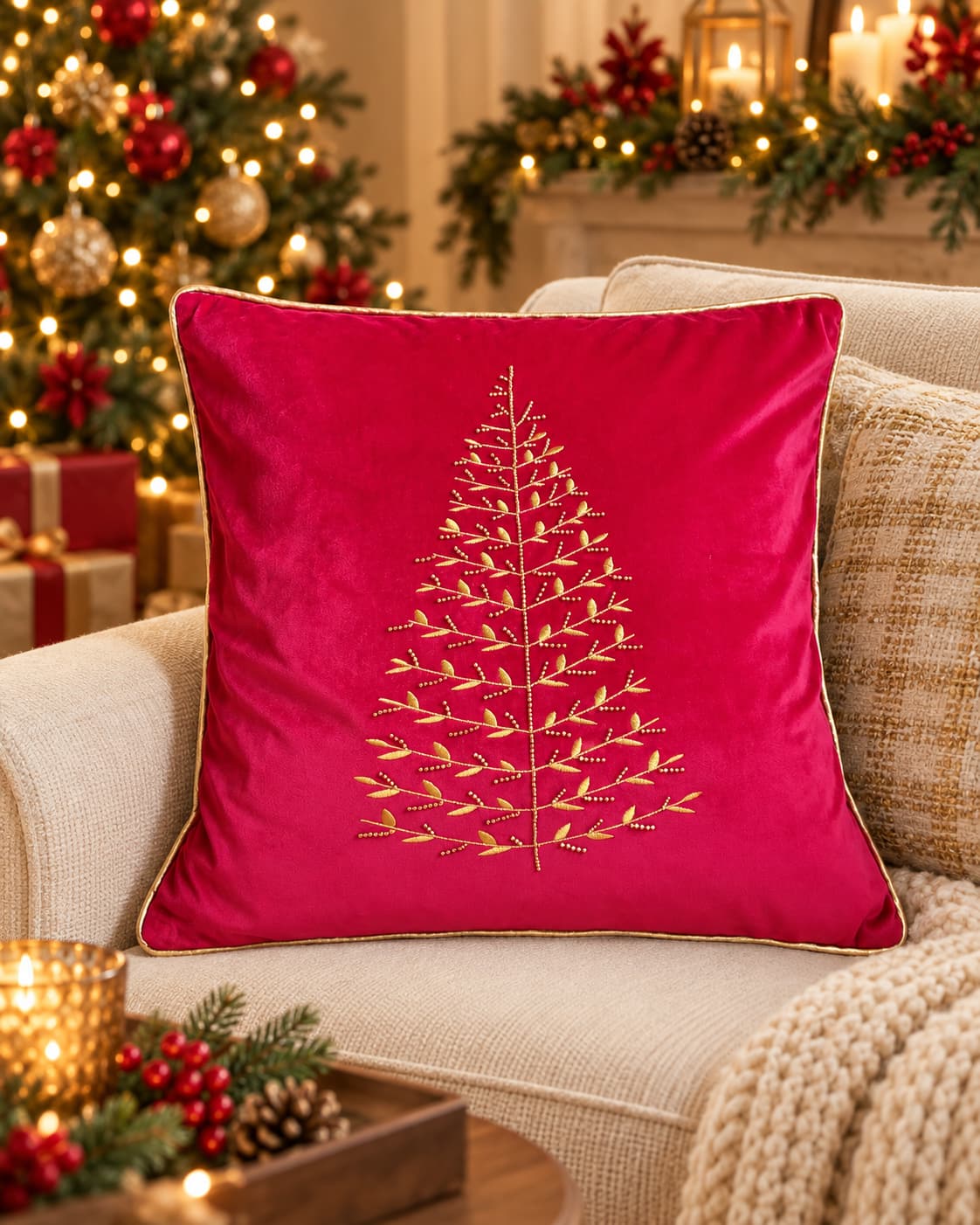 RED velvet Christmas cushion cover with gold embroidered tree and gold piping