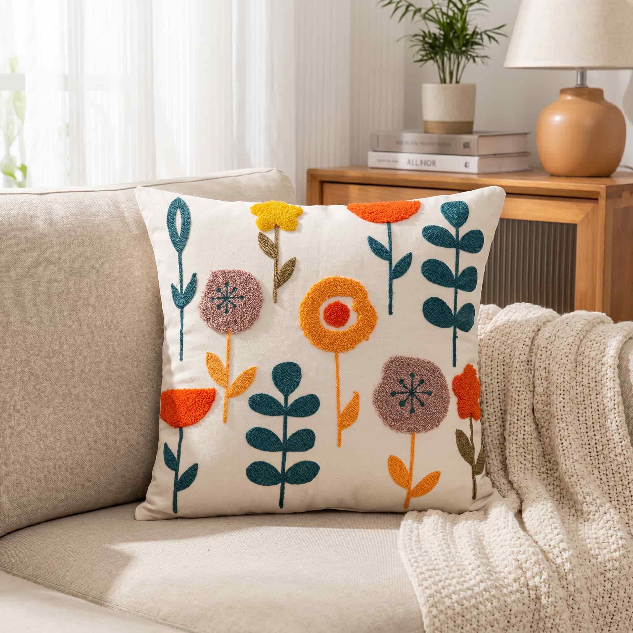 Cream throw pillow with colorful retro floral embroidery in mustard yellow, teal, orange, and dusty pink, styled on a beige sofa in a bright modern living room.