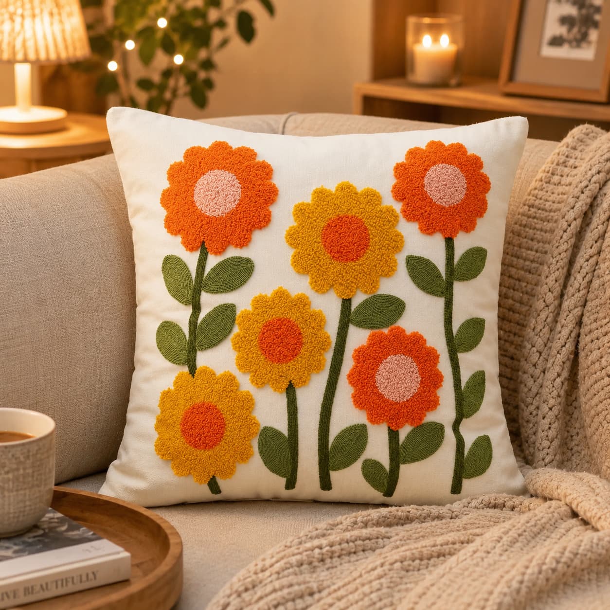 Cream throw pillow with six plush orange and yellow tufted flowers and green embroidered stems, placed on a beige sofa with a knitted blanket, coffee cup, and warm candlelight in the background.