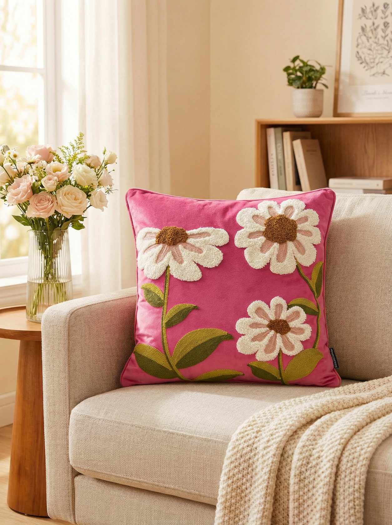 Floral pillow on a couch in a living room with flowers and books in the background