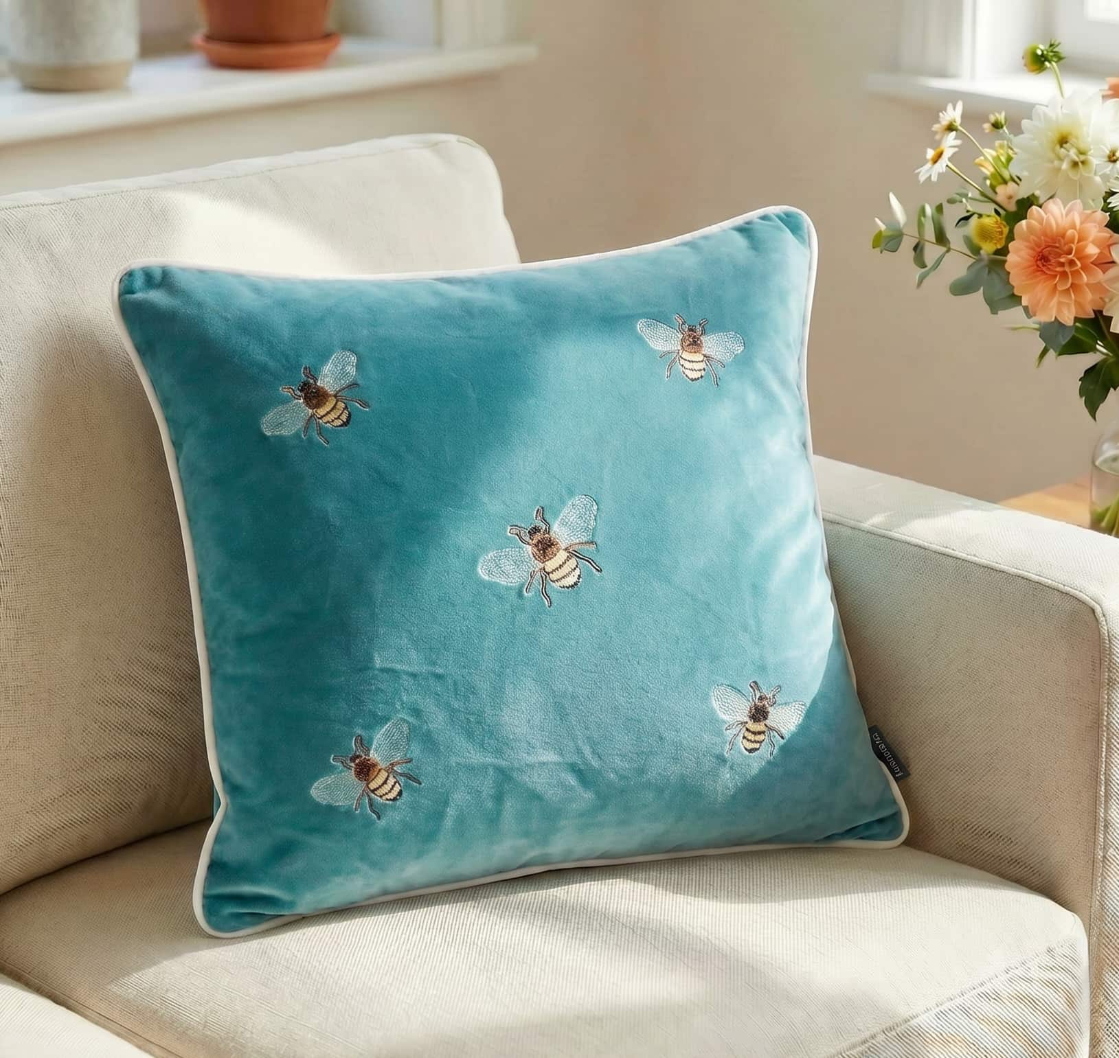 Teal blue velvet throw pillow featuring small embroidered bee motifs and white contrast piping, styled on a cozy beige sofa in a bright sunlit room with a floral arrangement on the side.