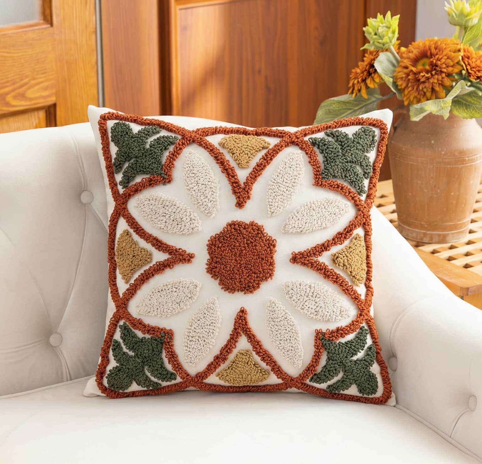White throw pillow with thick terracotta, cream, and olive green tufted geometric flower pattern, styled on a tufted white armchair with a vase of orange flowers nearby.