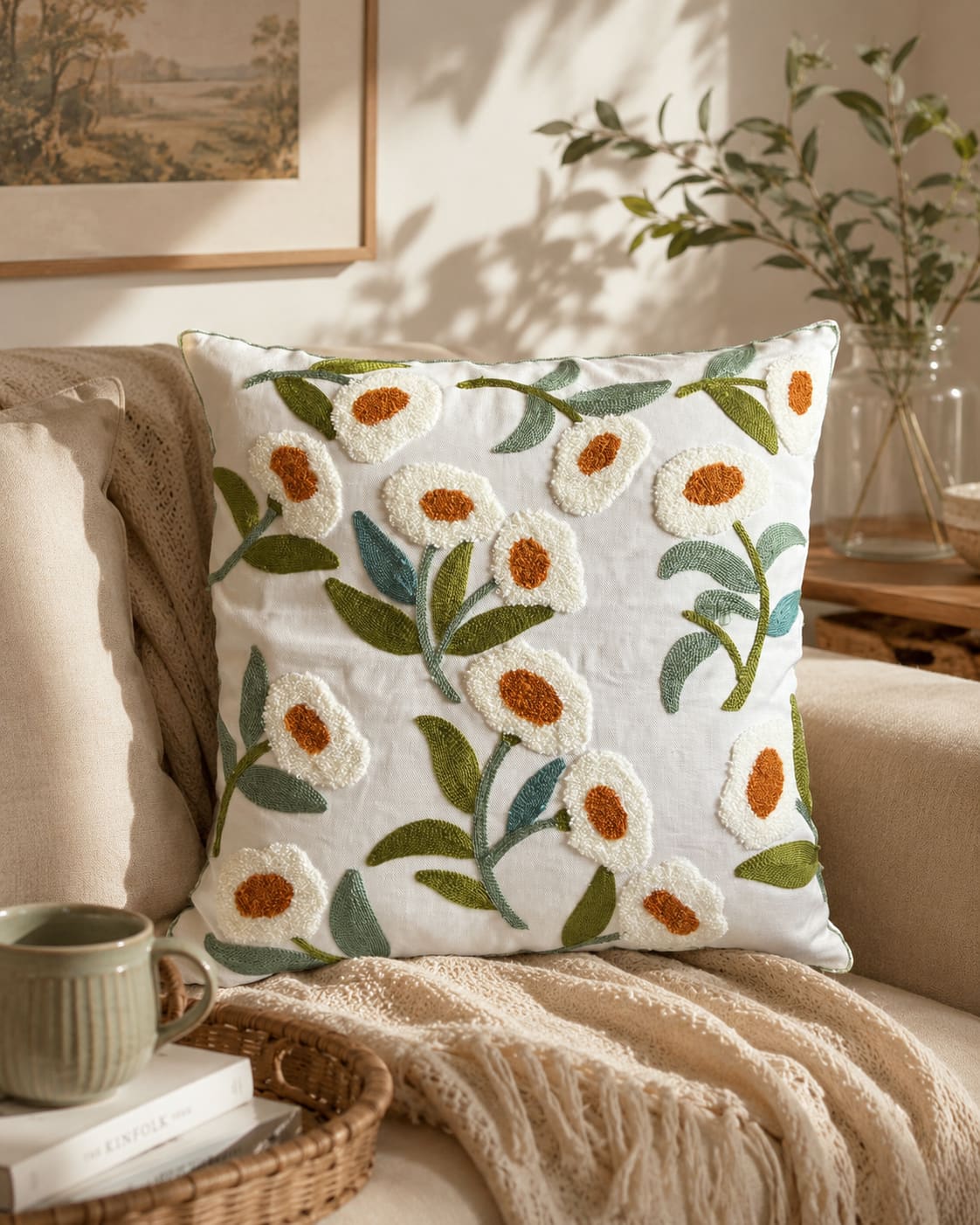 White throw pillow with textured orange-centered floral embroidery, styled on a beige sofa with a cozy throw blanket and basket in a sunlit living room.