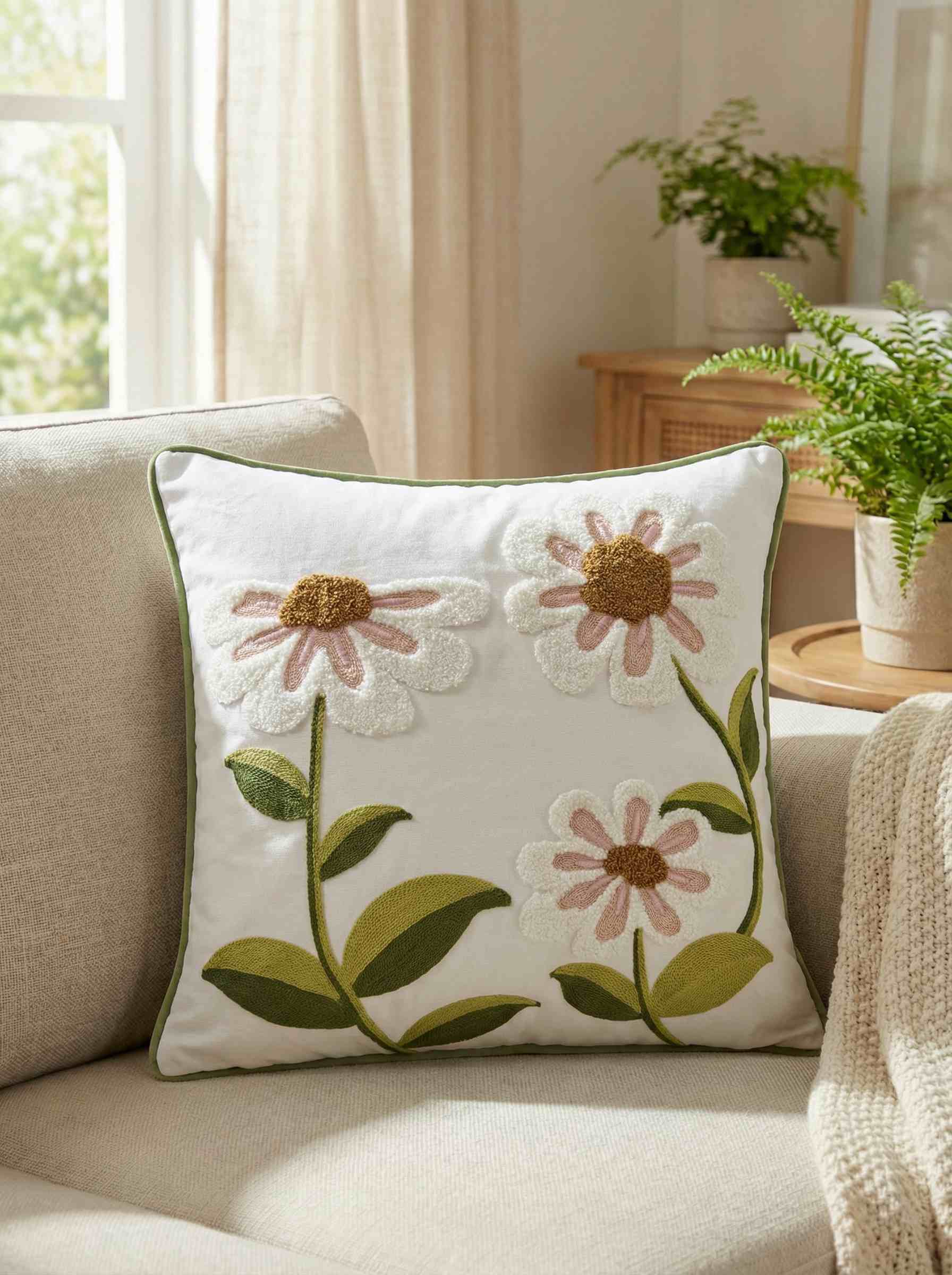 Floral embroidered pillow on a couch in a cozy living room.