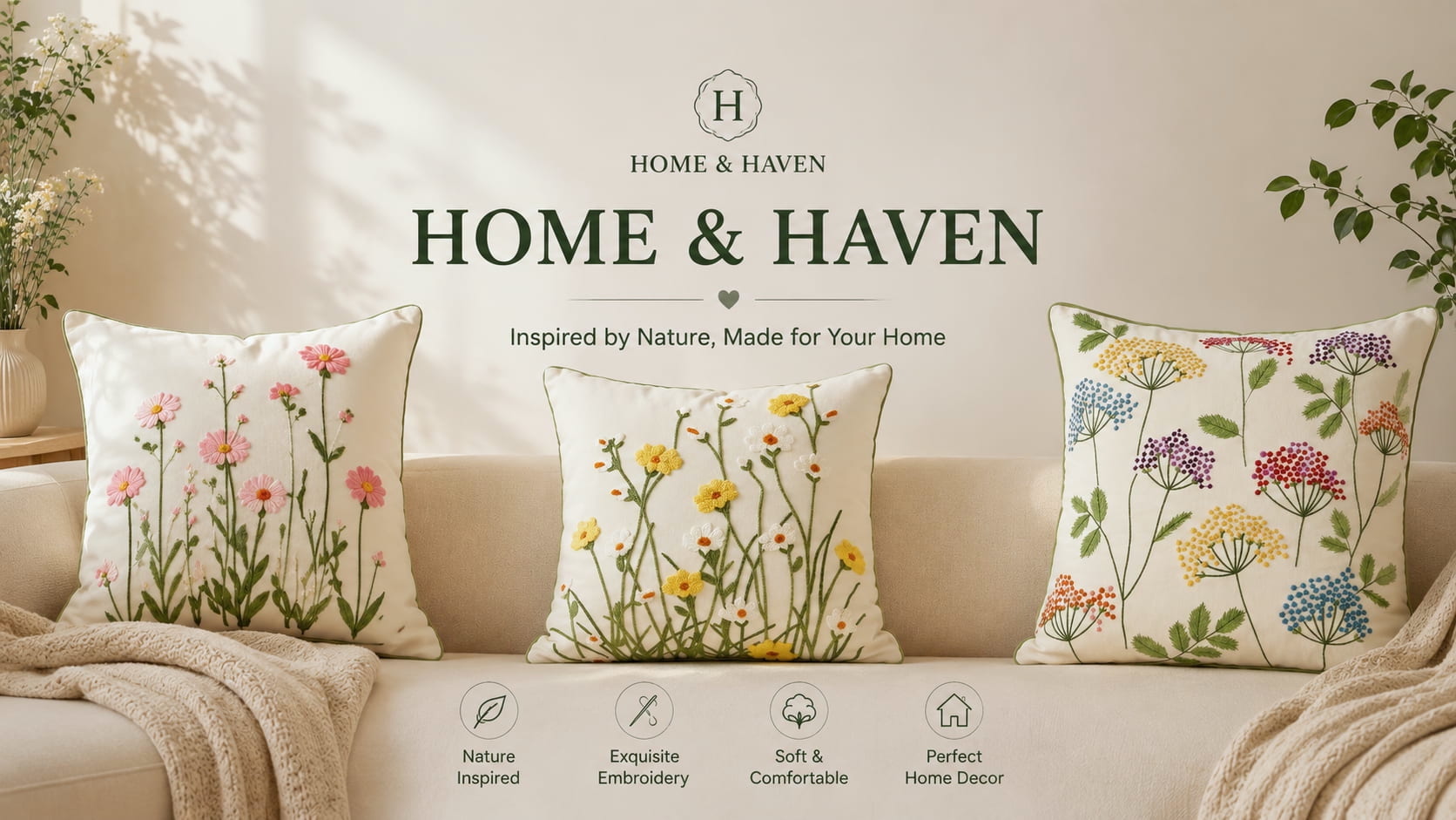 Three decorative throw pillows with colorful floral embroidery are arranged on a beige sofa in a styled living room setting. The pillows feature different floral patterns including pink, yellow, and multicolor wildflowers on cream backgrounds.