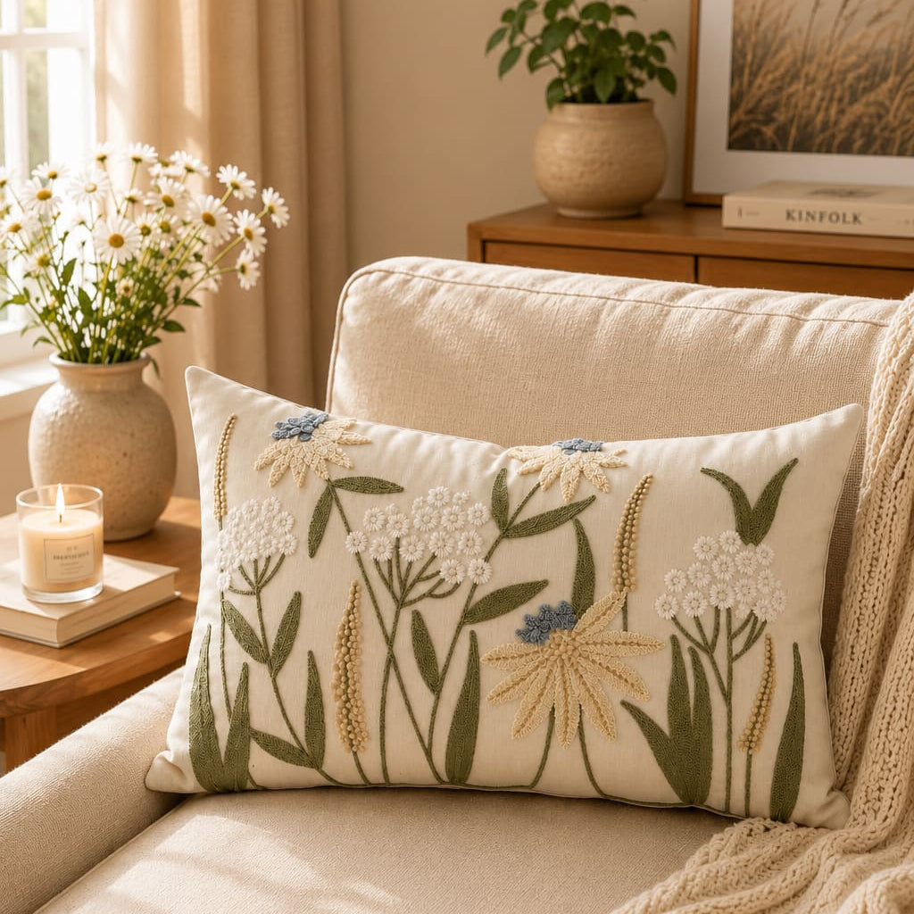 Cream wildflower embroidered lumbar pillow cover styled on a beige sofa in a cozy living room