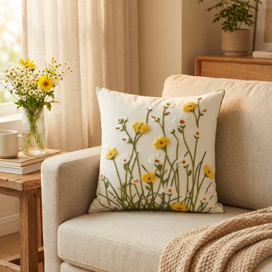 Yellow botanical embroidered cushion cover on beige sofa
