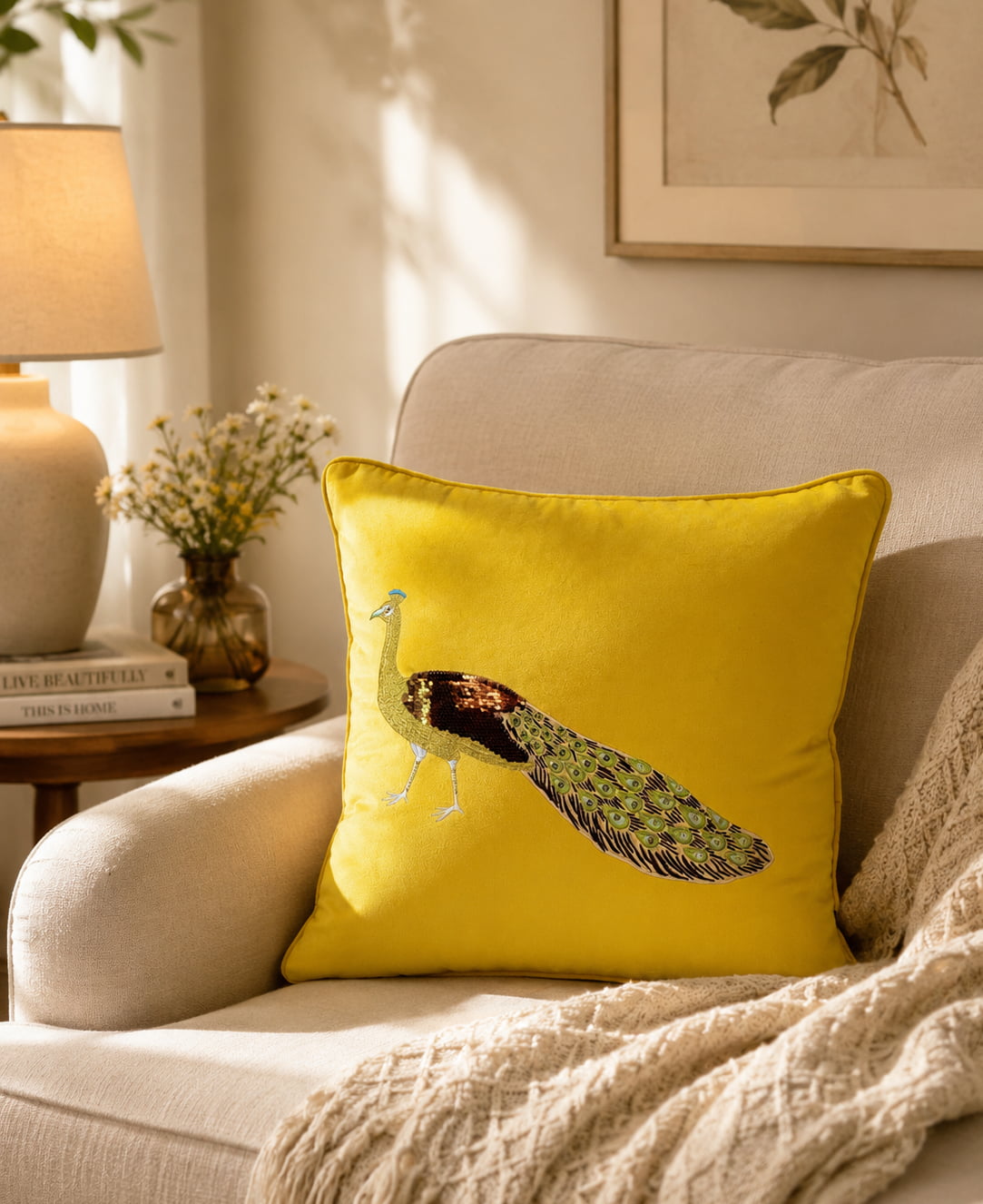 Yellow velvet throw pillow featuring a standing peacock with sequin embellished wings, styled on a beige armchair in a warm, sunlit living room with a side table and flowers.