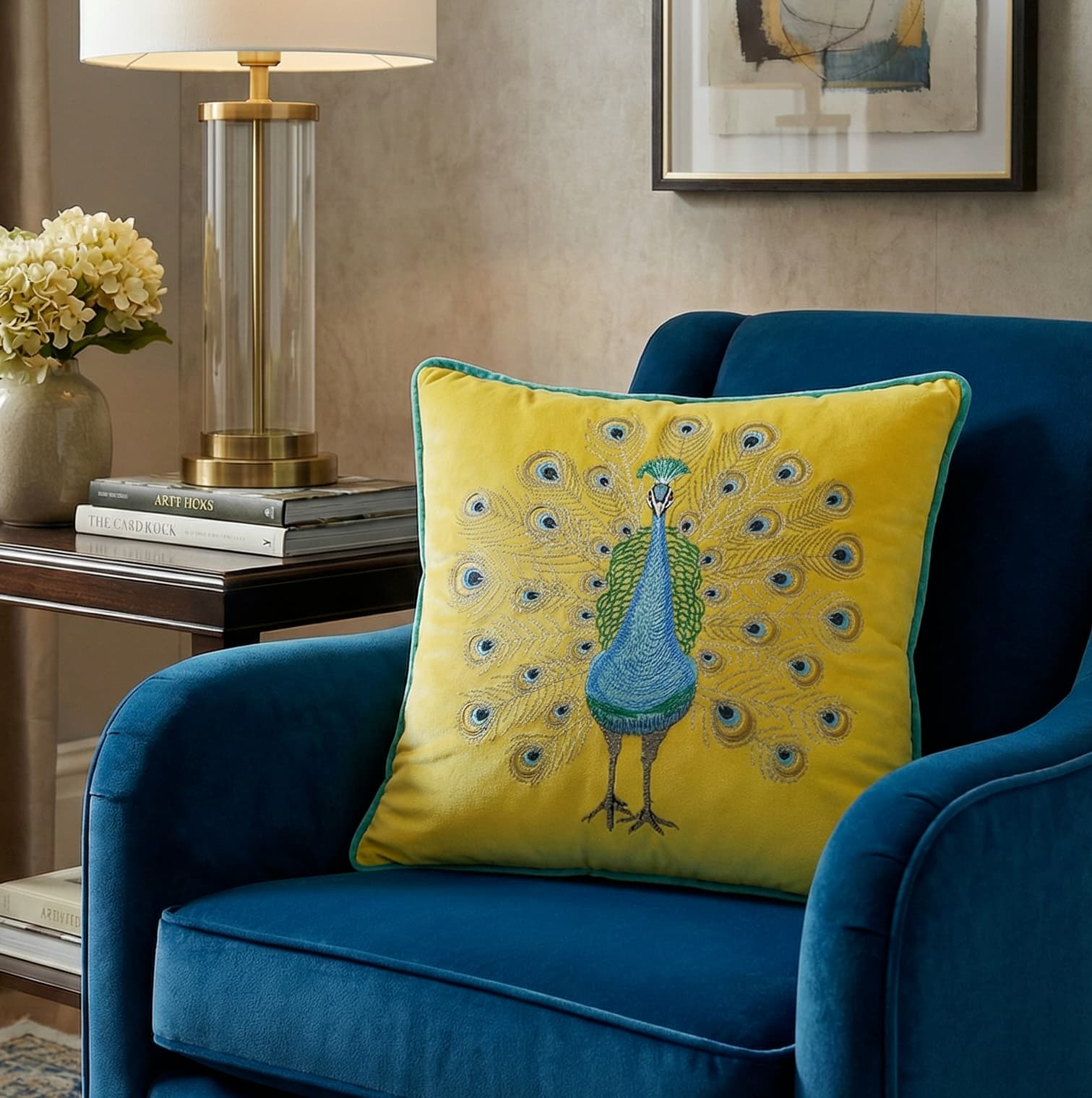 Yellow velvet throw pillow with an embroidered blue and green peacock design and teal piped edging, placed on a navy blue velvet armchair next to a table with a lamp and white flowers.