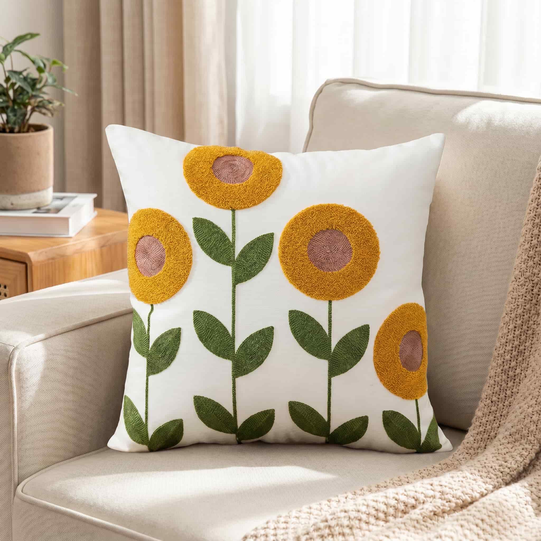 Cream throw pillow with yellow tufted flowers and green embroidered leaves, styled on a beige sofa in a bright, cozy living room.