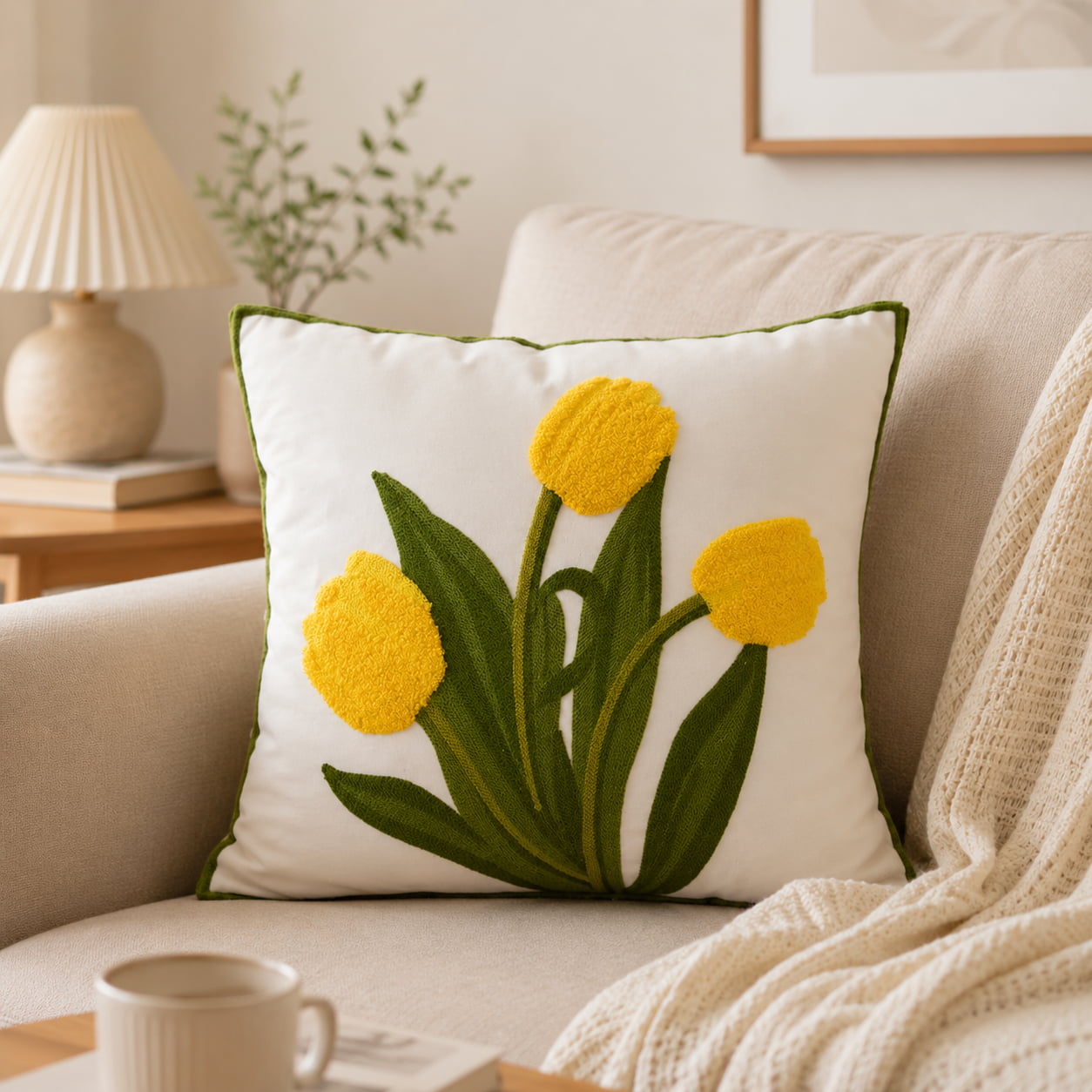 Cream throw pillow with three plush sunshine yellow tufted tulips and green embroidered leaves, placed on a beige sofa with a cup of coffee nearby.