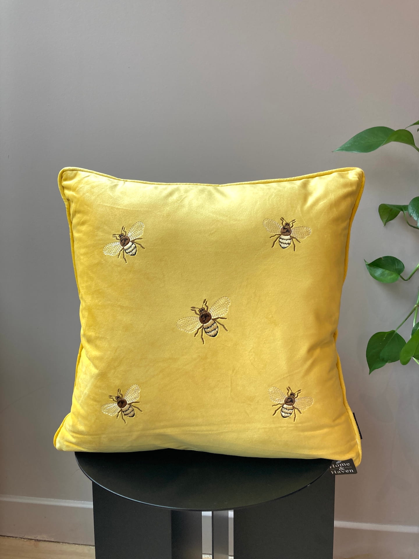 British style velvet cushion with bee embroidery
