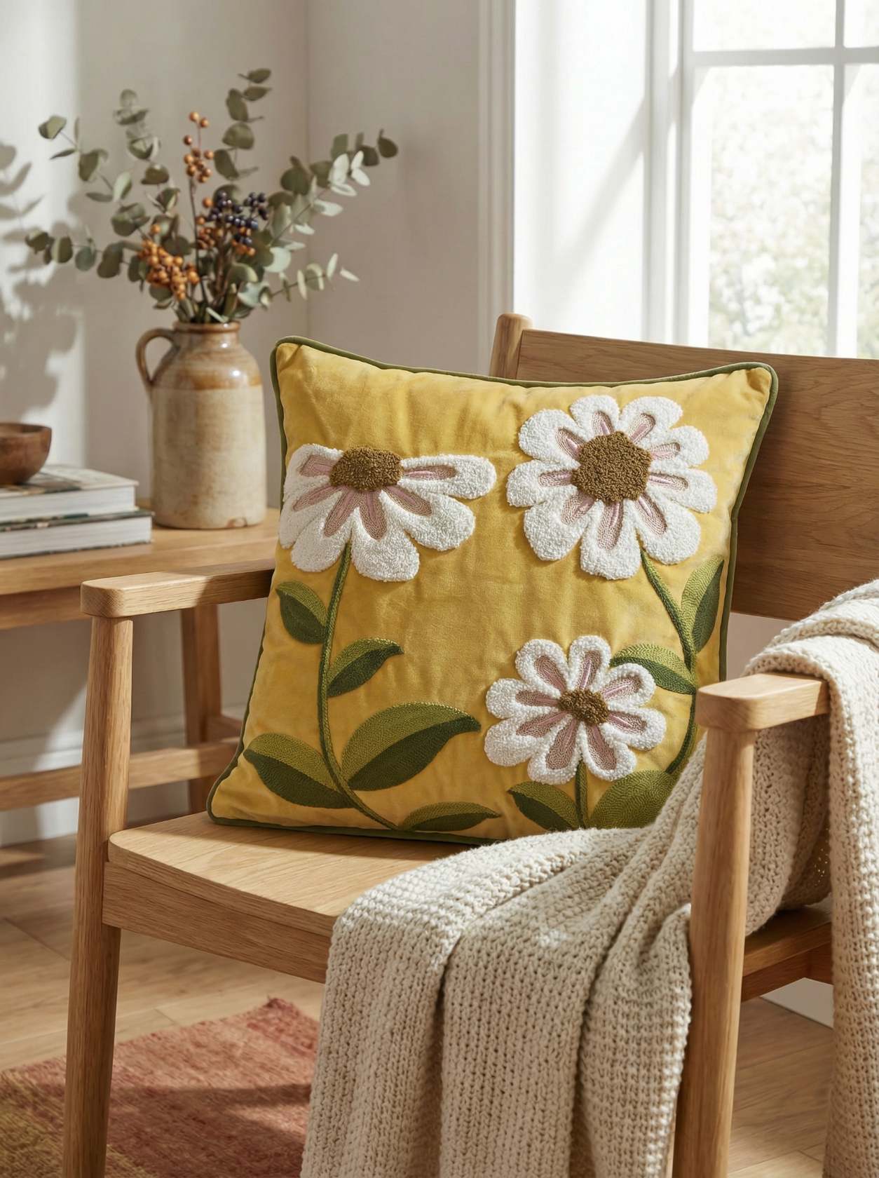 Yellow floral embroidered velvet cushion cover on wooden chair